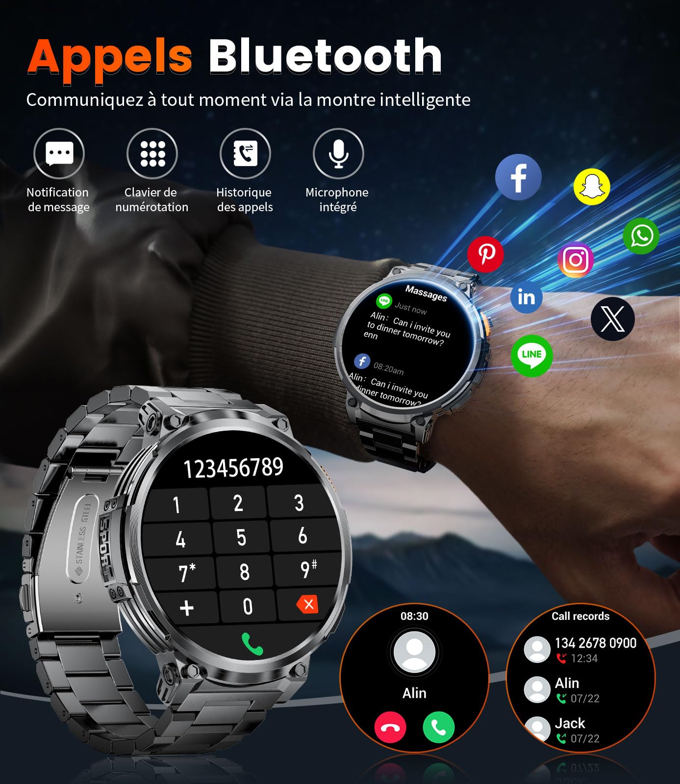 Montre Connectée Homme avec 1,85'' HD Grand Écran/LED Lampe/730mAh Batterie,Smartwatch Homme avec 120+ Modes Sportifs,24/7 Moniteur de Fréquence Cardiaque et Sommeil,IP68 Étanche pour Android iOS
