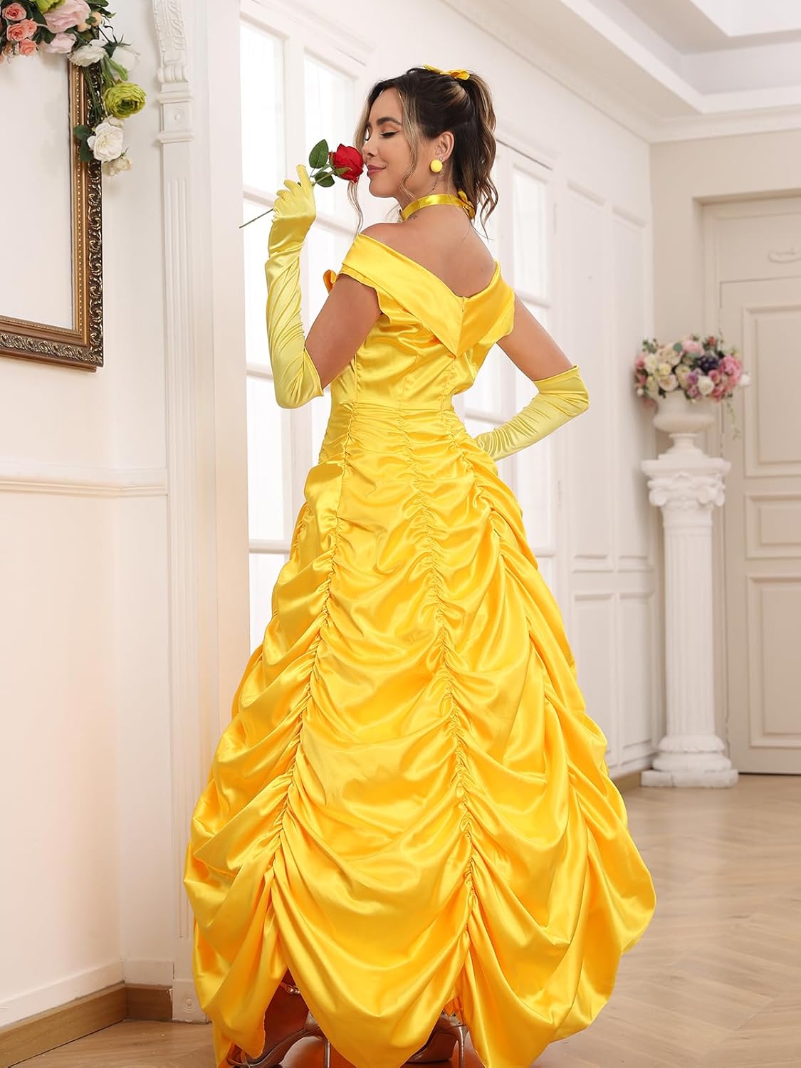 Poboola Belle Costume Women Adult Princess Costumes Halloween Cosplay Party Yellow Dress Long Dress Gown Beauty Outfit - Image 3
