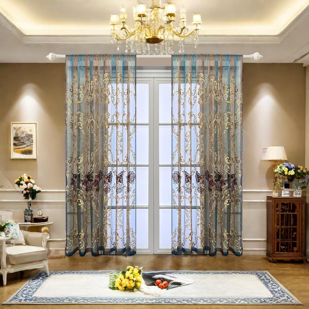 1 Panel European Style Elegant Floral Embroidered Sheer Rod Pocket Curtain Panel Home Decorations Curtains Voile Drapes Tulle Curtains for Bedroom/Living Room 75 Inches Wide by 96 Inches Long