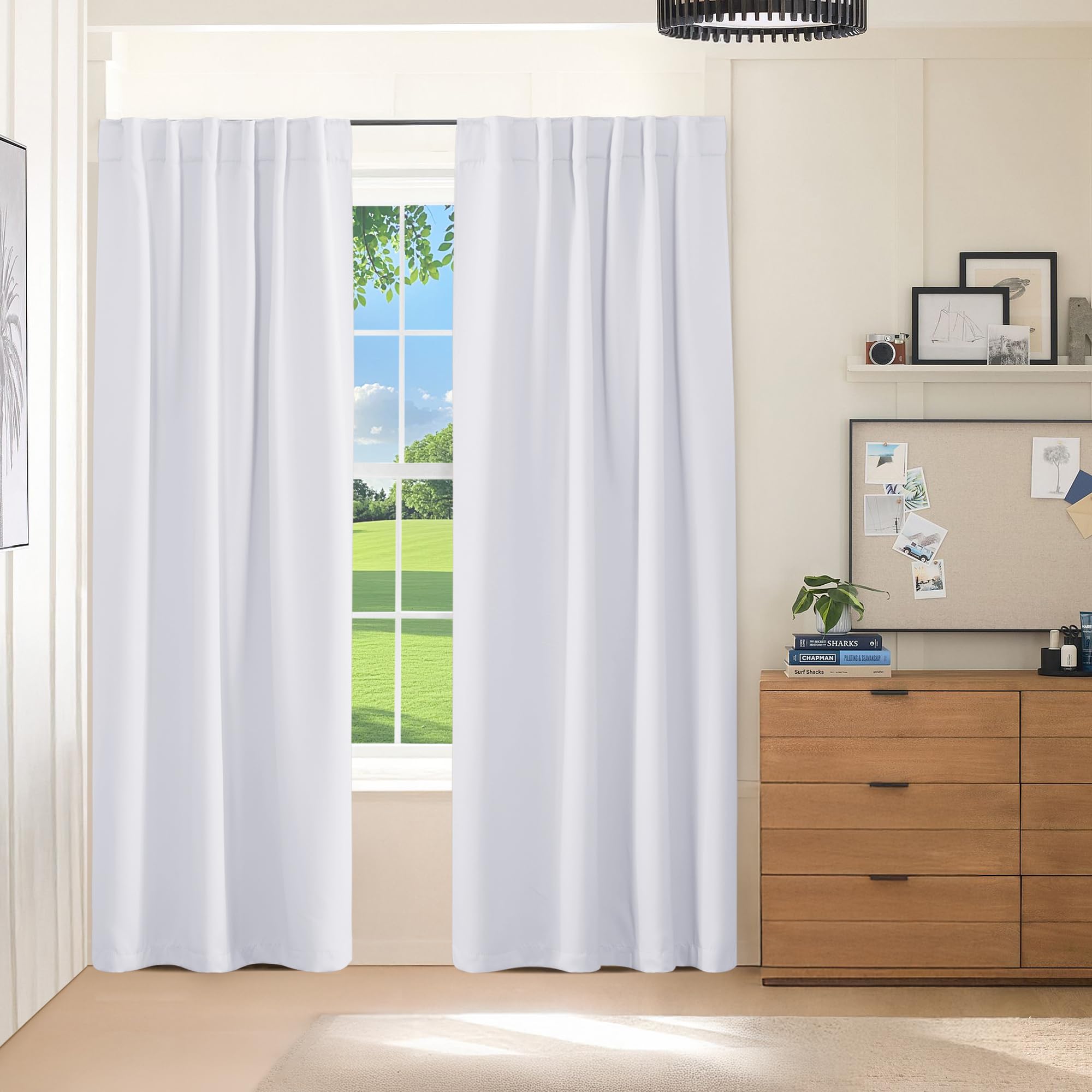PONY DANCE Rideaux occultants avec passe-tringle et languette arrière pour chambre à coucher – Isolation thermique, 177,8 x 213,4 cm, 2 panneaux de rideaux de fenêtre, blanc pur