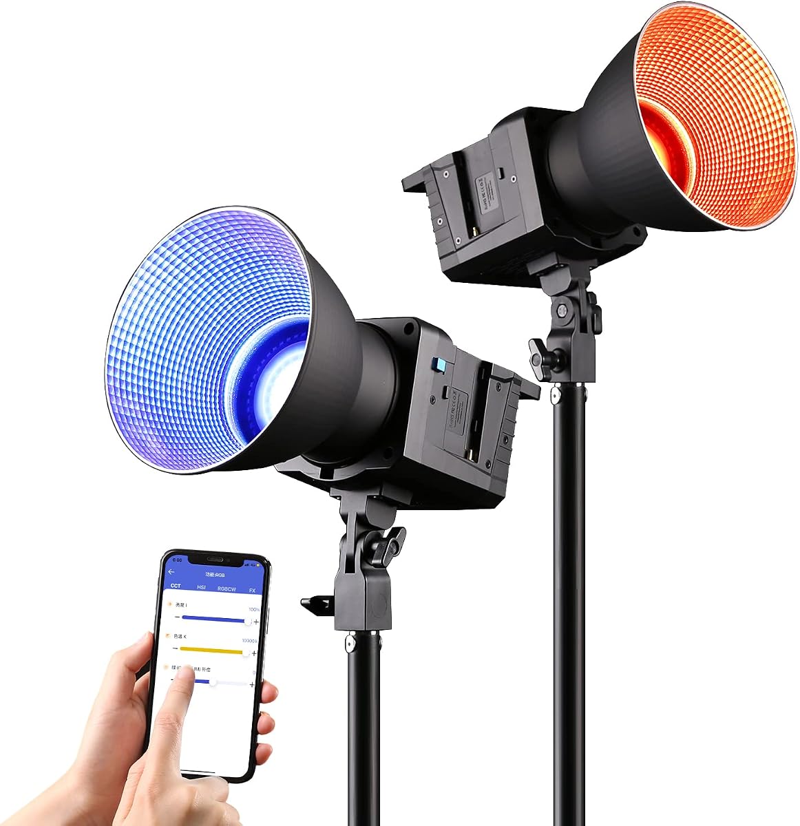 100(W) RGB Video Light 2800K-10000K,P100-RGB 360° Full Color Continuous Lighting, 43700 Lux /0.5m, CRI 96+, TLCI 95+ with APP Control/Remote Control. Studio Light for Film Recording