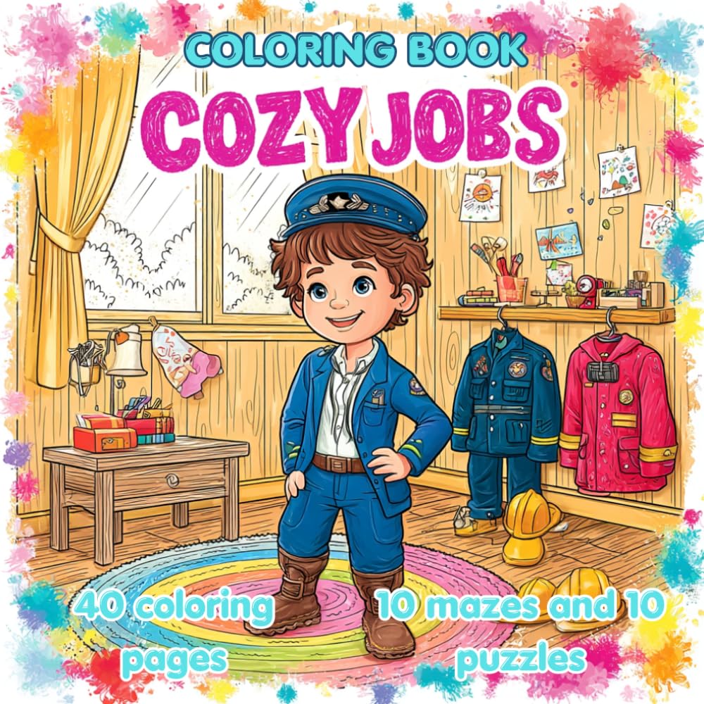COZY JOBS COLORING BOOK: 40 Professions to Color + Job Descriptions on Black Pages + 10 Mazes & 10 Puzzles – A Cozy Educational Activity Book for Kids Ages 6-15 and Adults