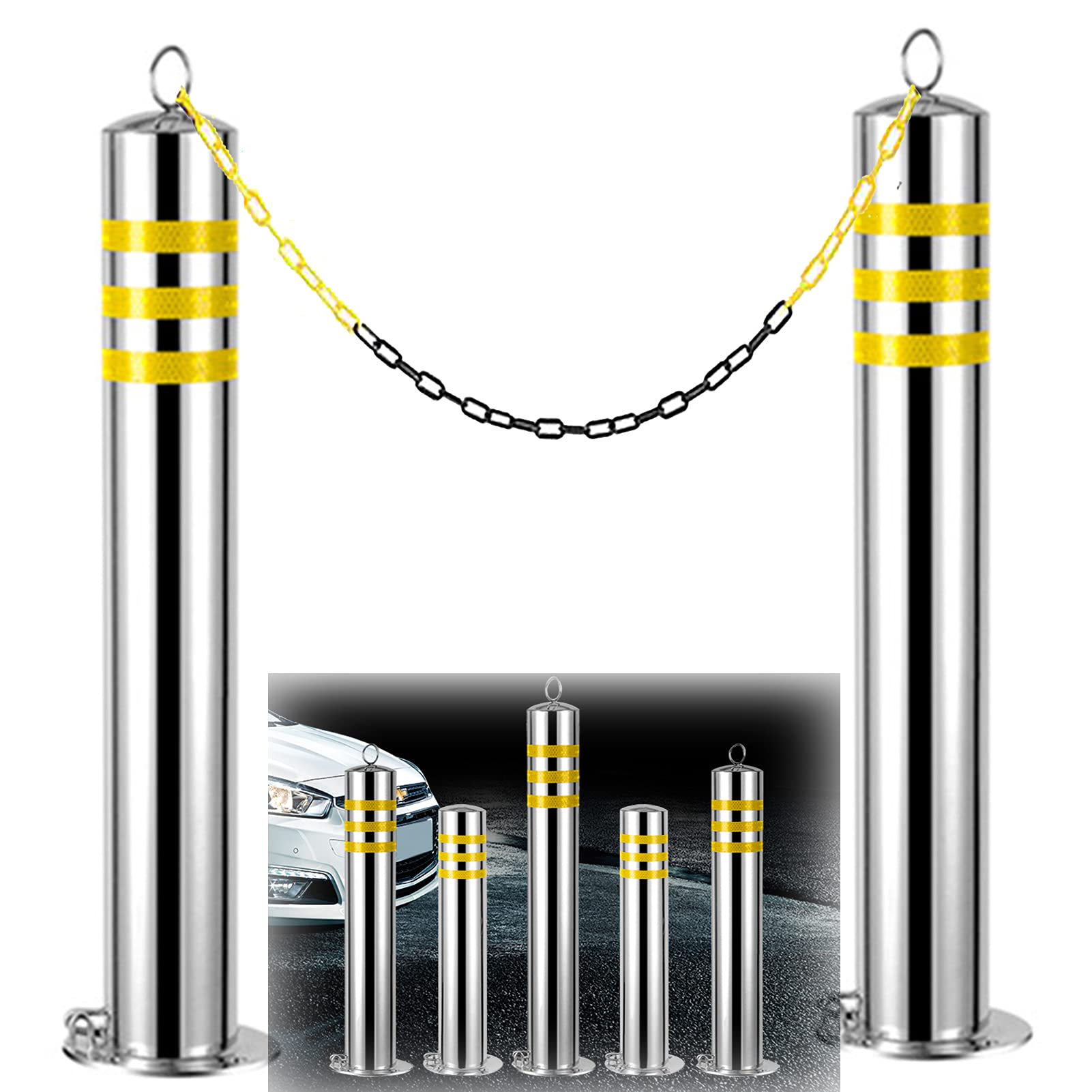SnamicE Stainless Steel Security Posts 2pcs Barrier Parking Post Bollards Parking Bar with Lock and Plastic Chain,Silver-650x76mm/25.5x3in
