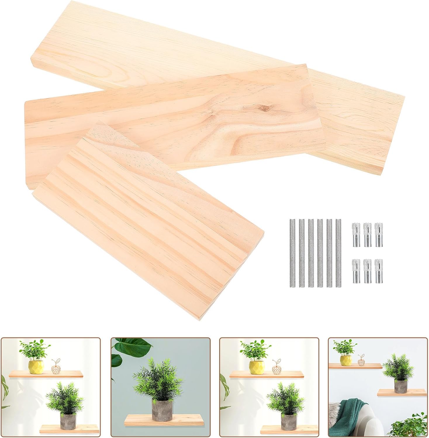 Multi-use Wooden Floating Wall Shelf 3pcs Set (20cm, 30cm, 40cm) Natural Wood Tone Floating Shelves for Living Room Bedroom Kitchen Storage and Display
