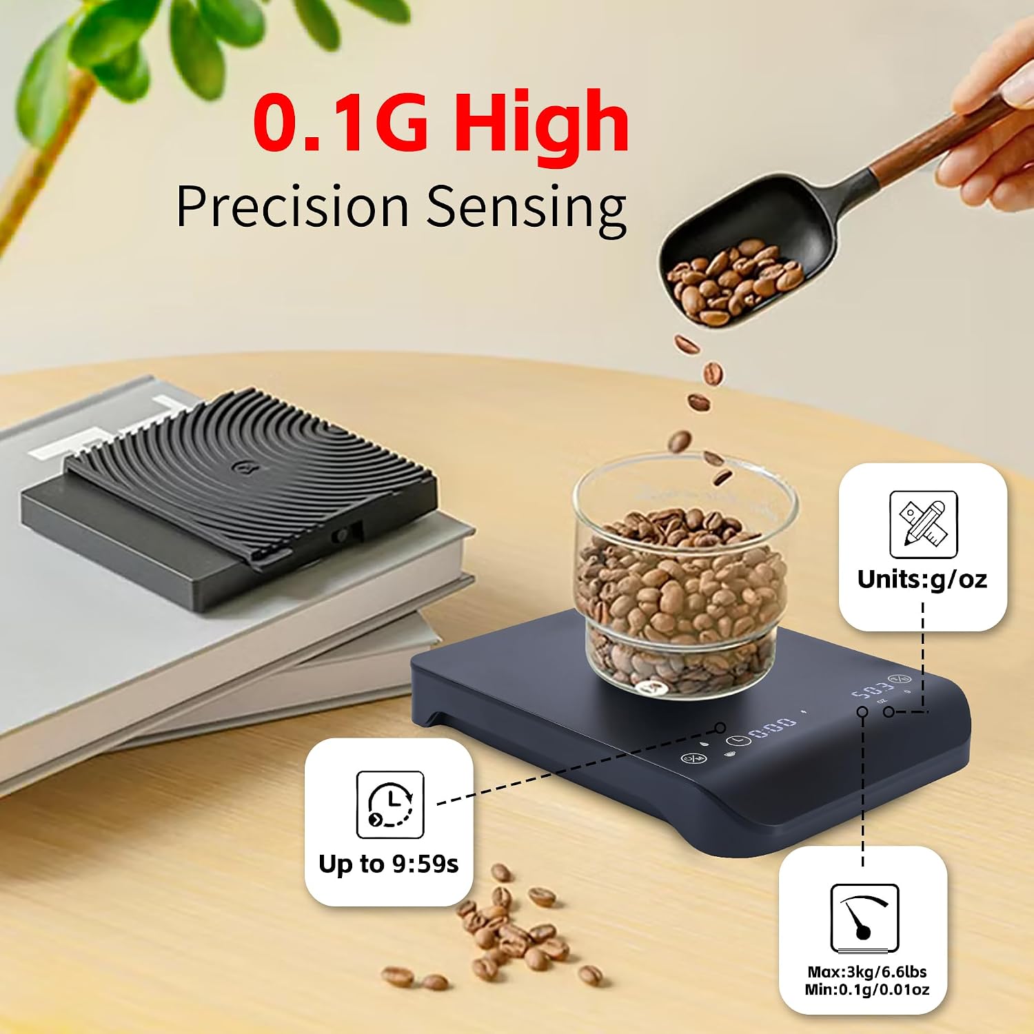 Multifunctional Coffee Scale Features high Precision sensors with 0.1g Sensitivity, Dual LCD, Rechargeable Battery, Tare Function, 4 Weighing Modes, and USB-C Charging
