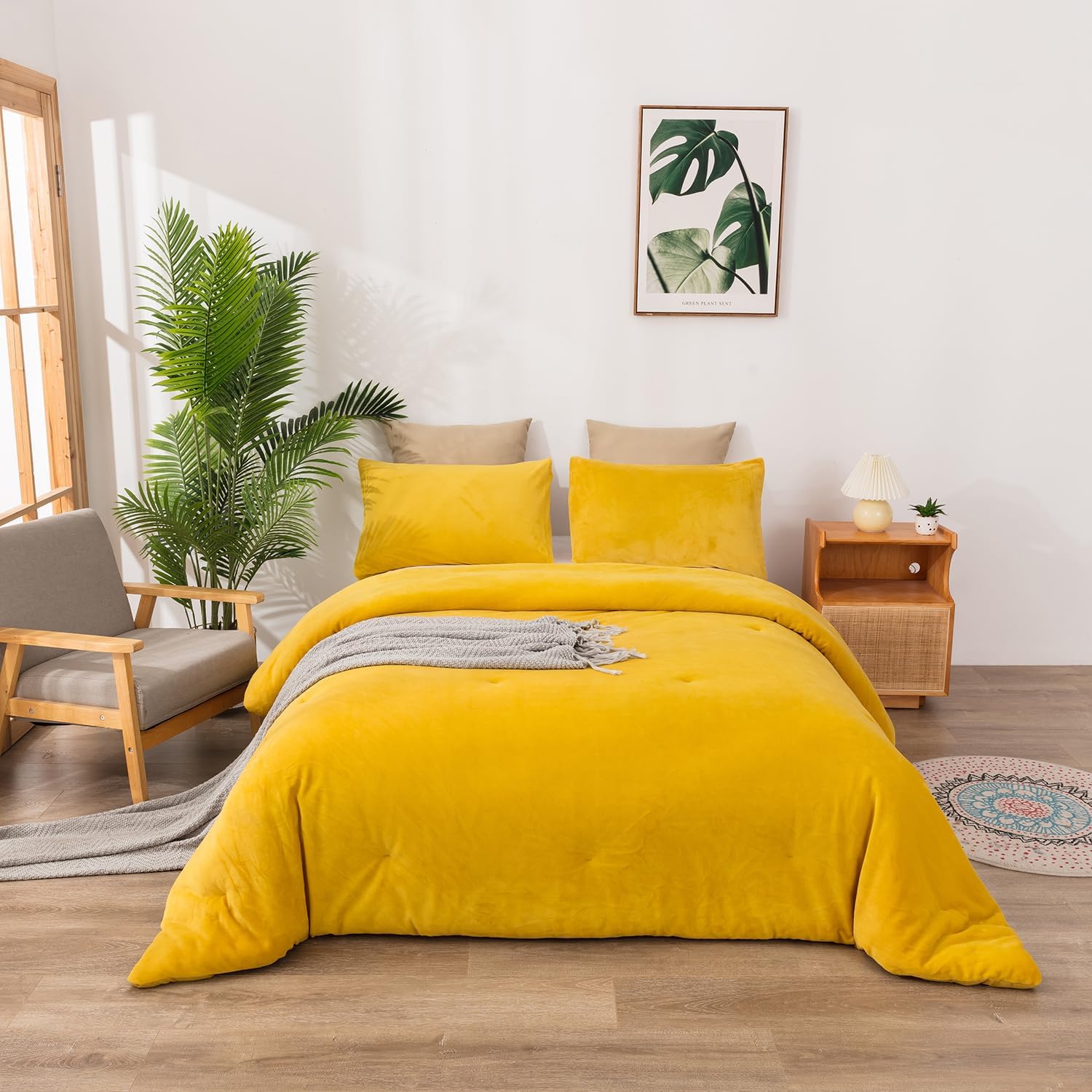 Cottonight Mustard Yellow Velvet Comforter Set Queen Plush Flannel Fluffy Yellow Bedding Comforter Set Micromink Sherpa Warm Heavyweight Winter Comforter for Women Men Adults Teens