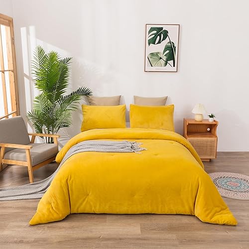 Miniatura 2 de Cottonight - Juego de edredón de terciopelo color mostaza, tamaño Queen, edredón de franela afelpado, suave, pesado y cálido