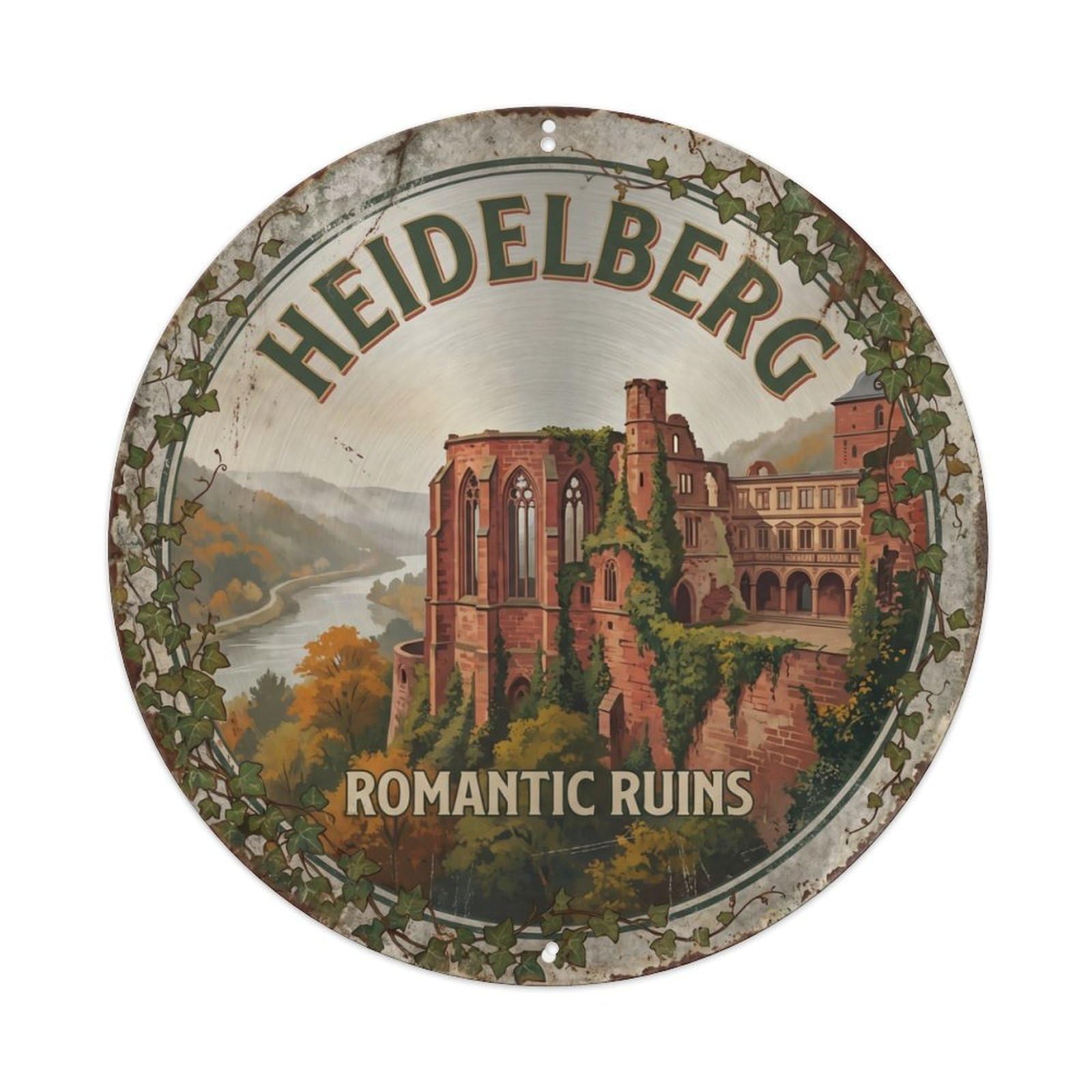 Vintage Travel Castle Germany Heidelberg Metal Tin Sign Plaque Wall Decor for Cafe, Club Bar, Office, Home Garden Round Metal Poster 8x8Inch