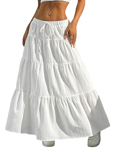 Xuani Maxi Skirts for Women Ruffle Hem A Line Long Skirts Elastic Waist Elegant Tiered Layer Boho Long Dress - White - Small
