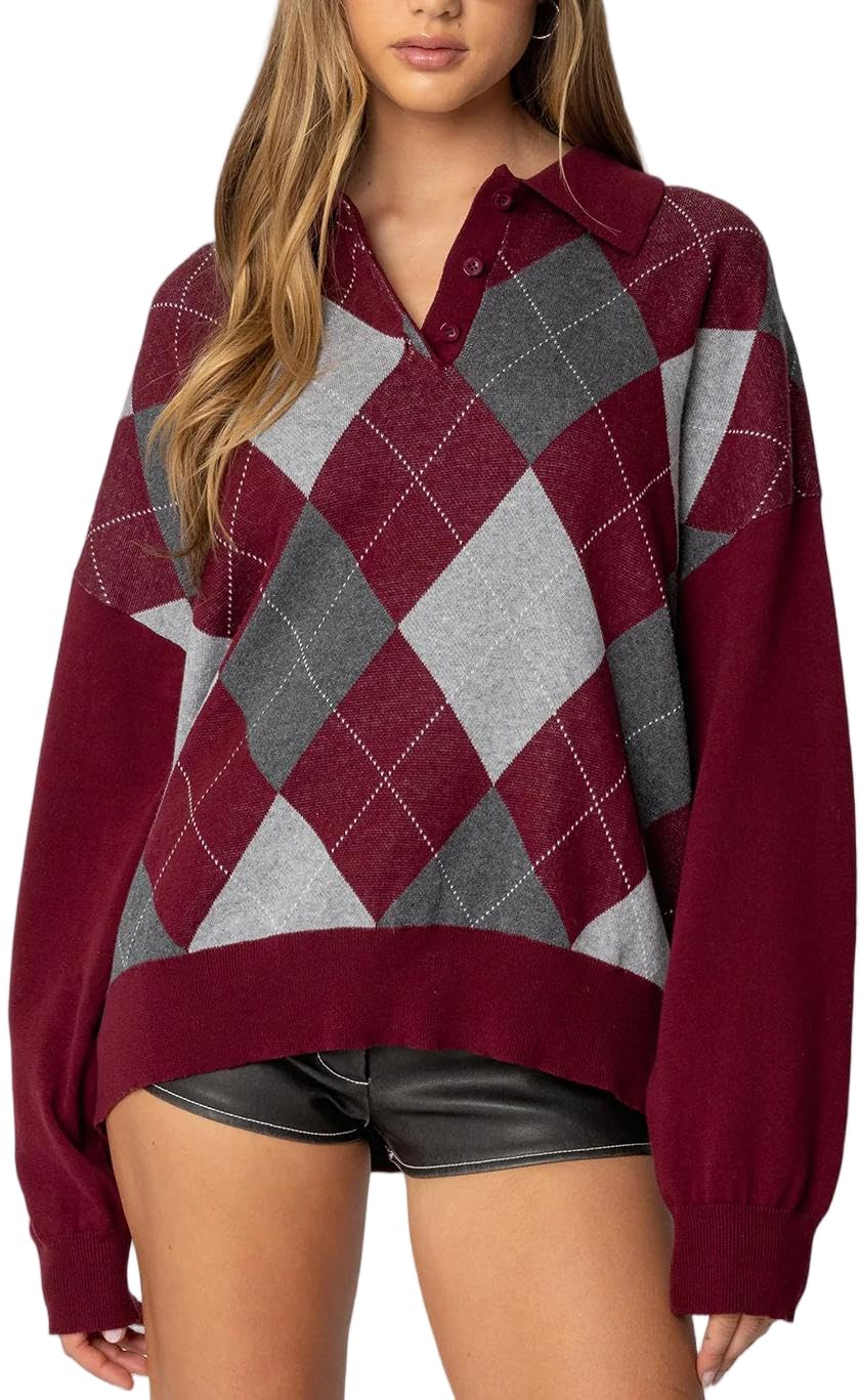 Women Christmas Argyle Plaid Polo Sweater Y2k Oversized Front Button Rugby Shirt Gingham Knit Long Sleeve Preppy Top