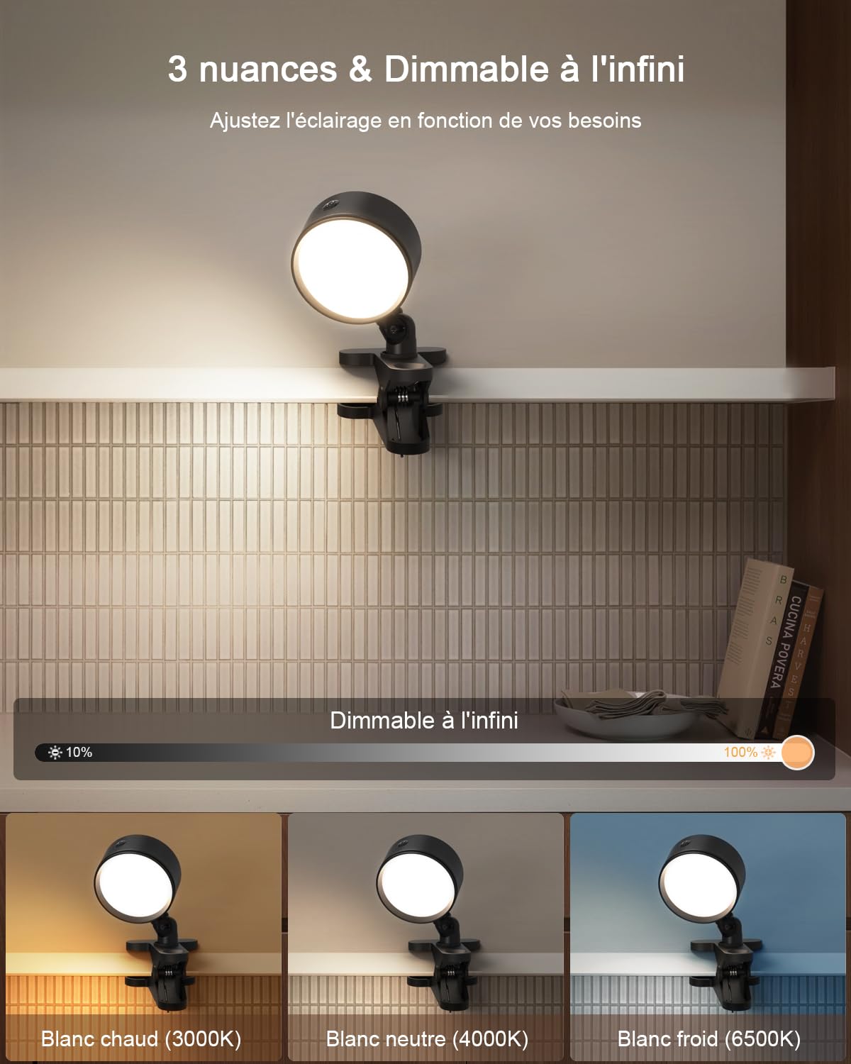 Lampe Pince Sans Fil Rechargeable Batterie 5000mAh, USB Lampe Pince pour Lit Rotation à 360° avec Télécommande et Tactile, 3 Modes de Couleur, Lampe de Chevet pour Enfants Maison Bureau Travail