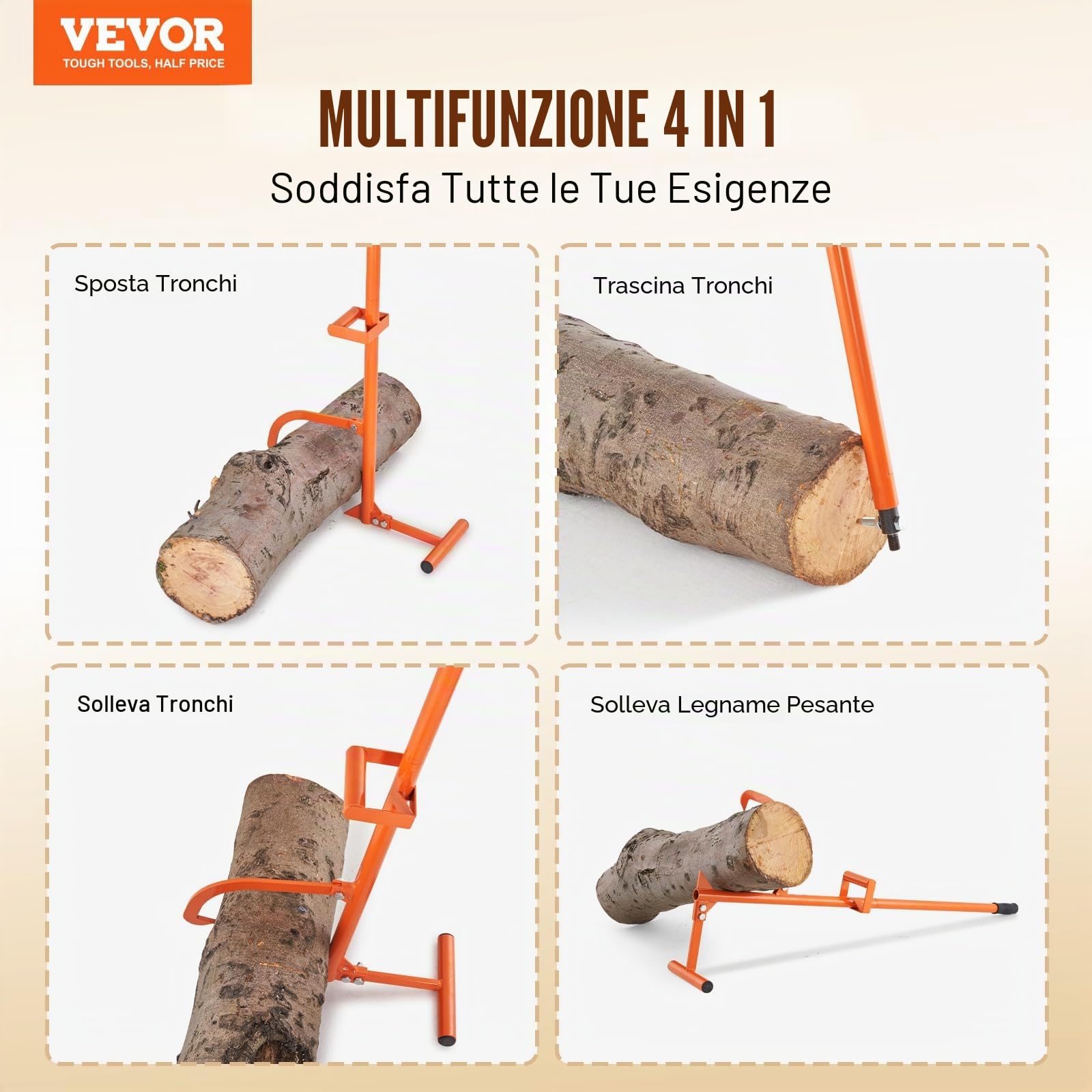 VEVOR Cric per Tronchi, 1219 mm Sollevatore per Tronchi in Acciaio per Impieghi Gravosi, Rullo per Tronchi Multifunzionale, Gancio Regolabile per Inclinazione, Martinetto per Tronchi, Diametro 381 mm