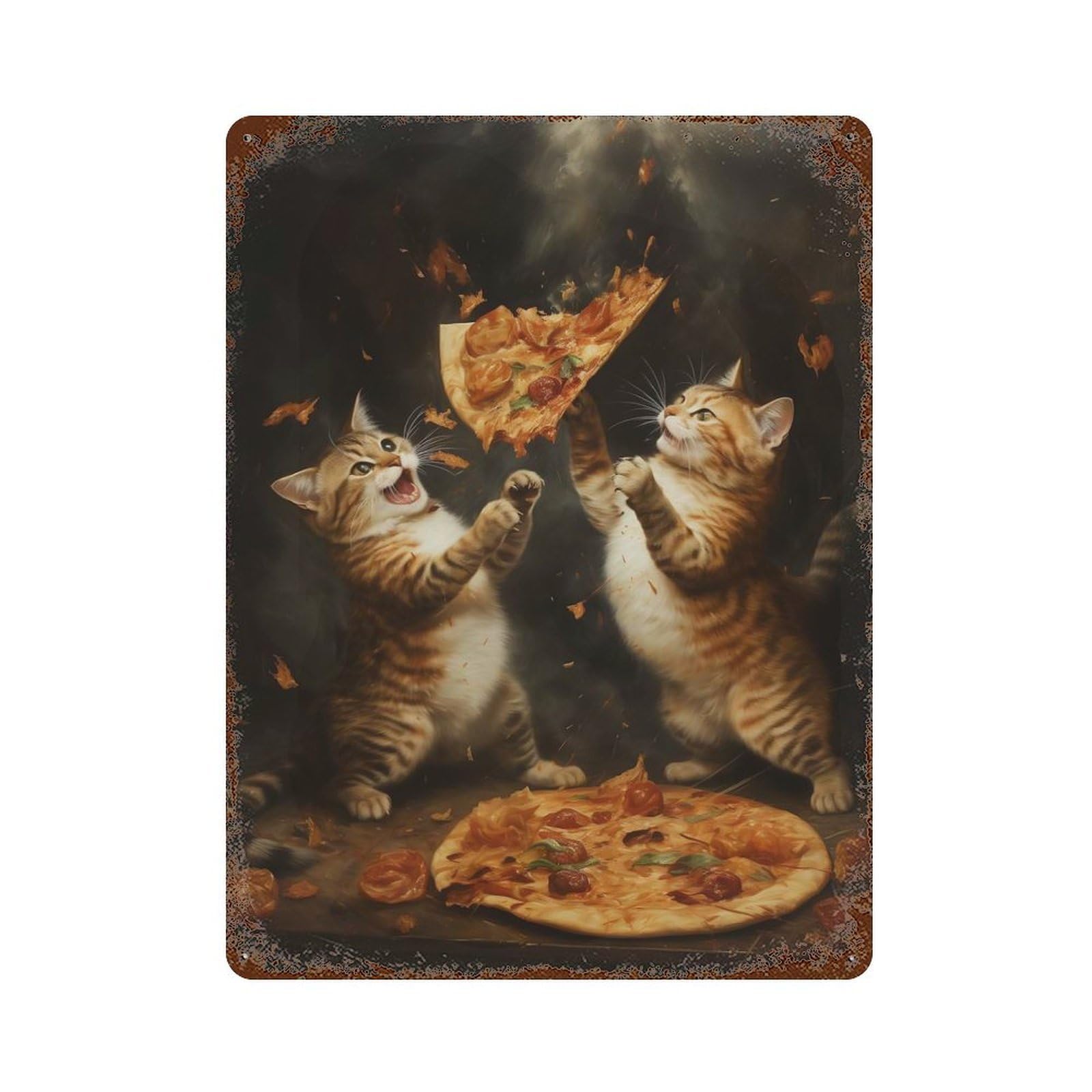 Pizza Cat Food Fight 15.7"x11.8" Vintage Rust Metal Sign, Decorative Metal Wall Art for Farmhouse, Kitchen And Entryway Decor