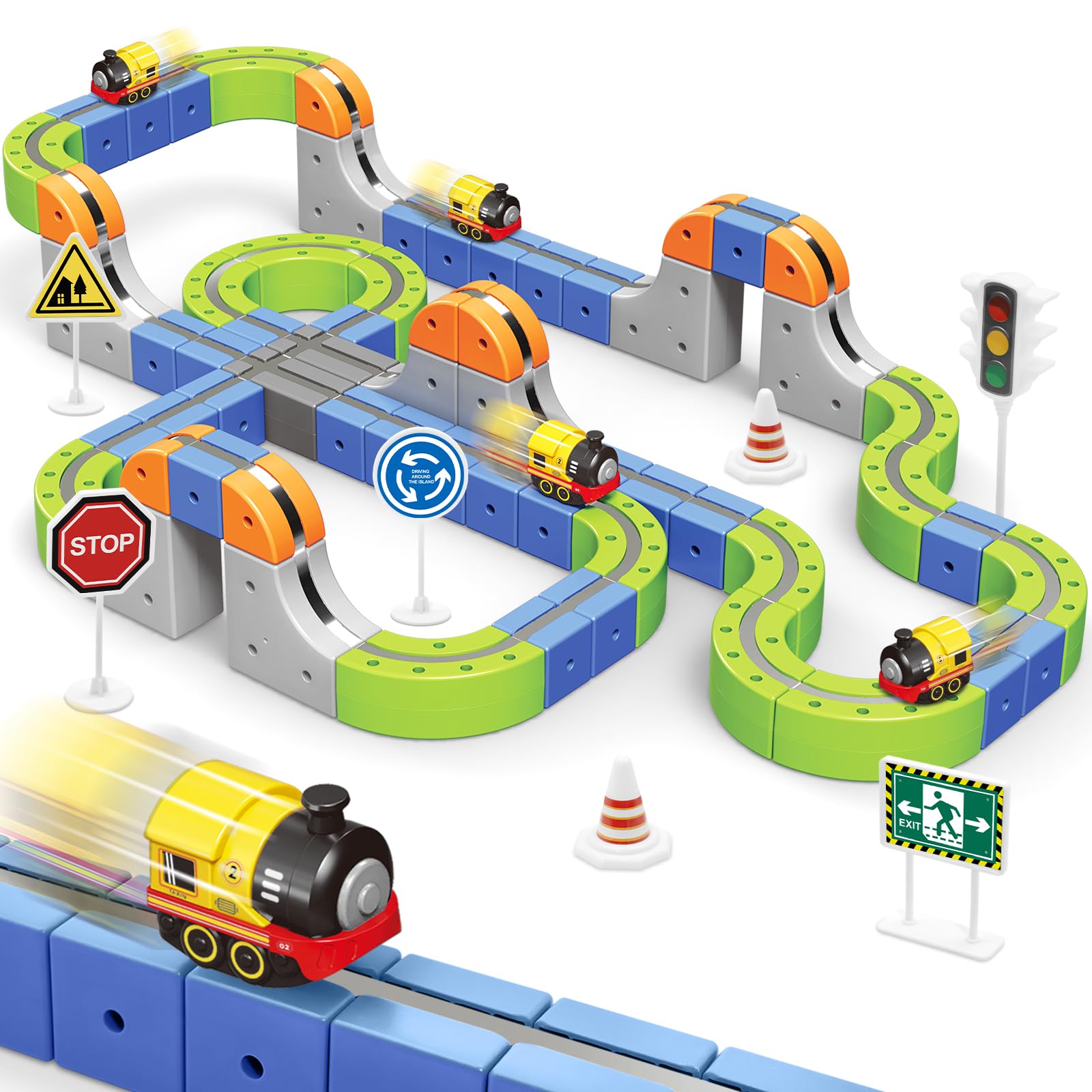 Magnetic Track Car Toys, 101PCS Flexible Race Car Track Sets for Toddlers with Electric Train, Traffic Signs, Kids Train Set Toys for 3 4 5 6 7 8 Year Old Boys Girls Birthday Party Gift-Large
