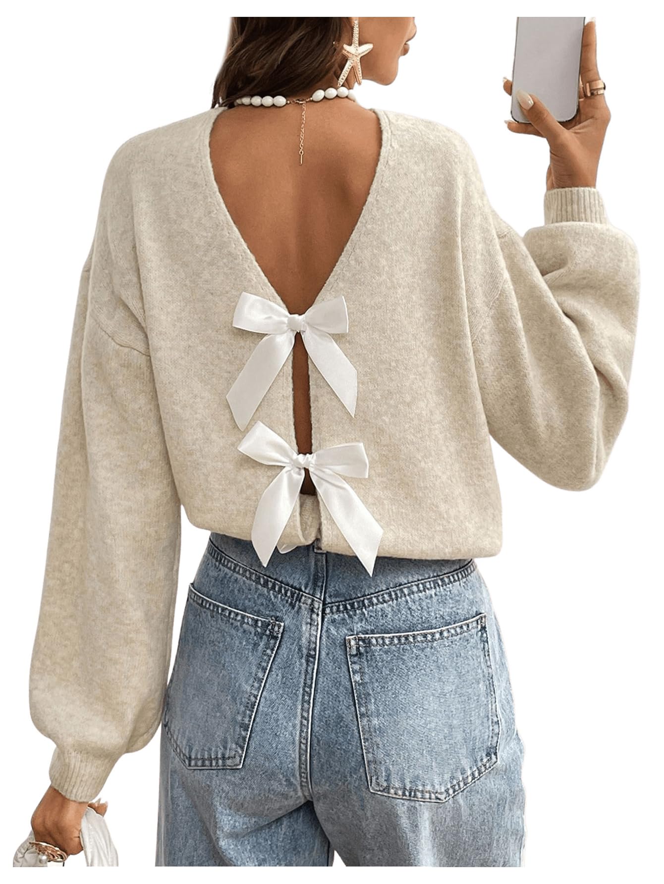 MakeMeChic Womens Bow Sweater Long Sleeve Open Back Tie Back Sweater Cardigan Top