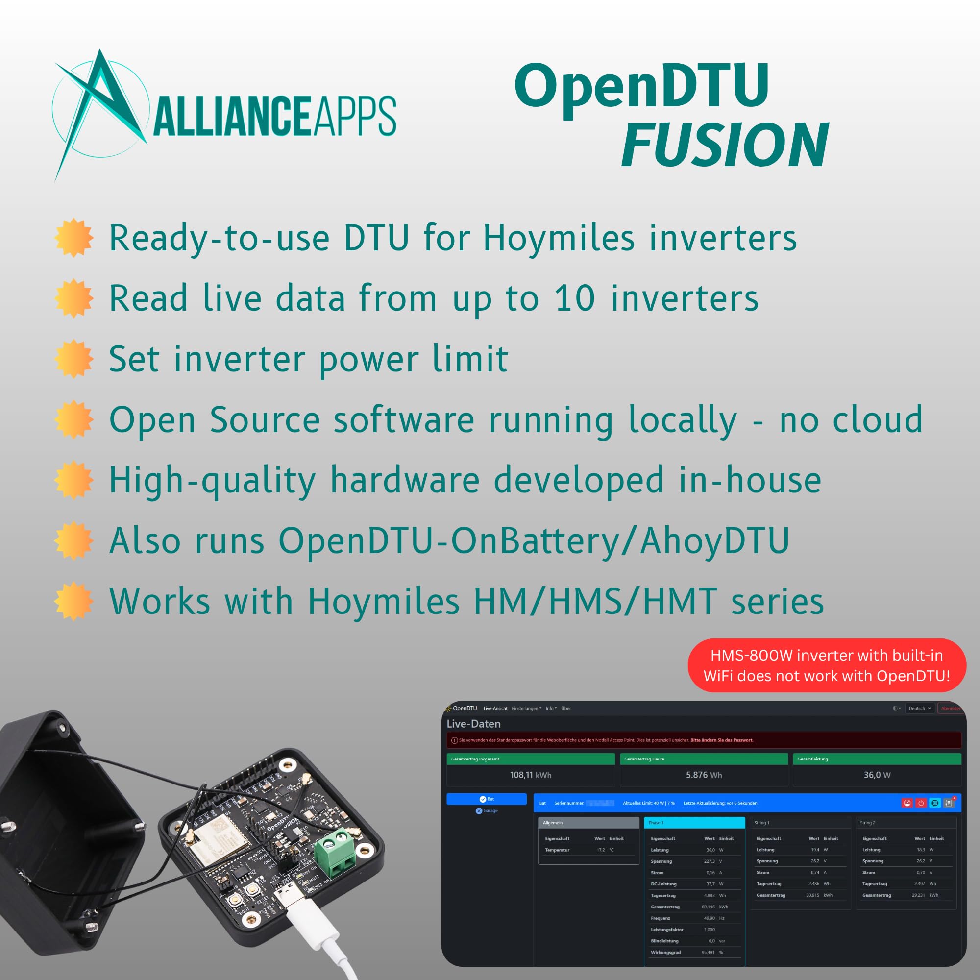 OpenDTU Fusion compatible con inversores Hoymiles para serie HM/HMS/HMT - Planta de energía de balcón - USB-C, ESP32-S3, NRF24L01+, CMT2300A, antenas internas