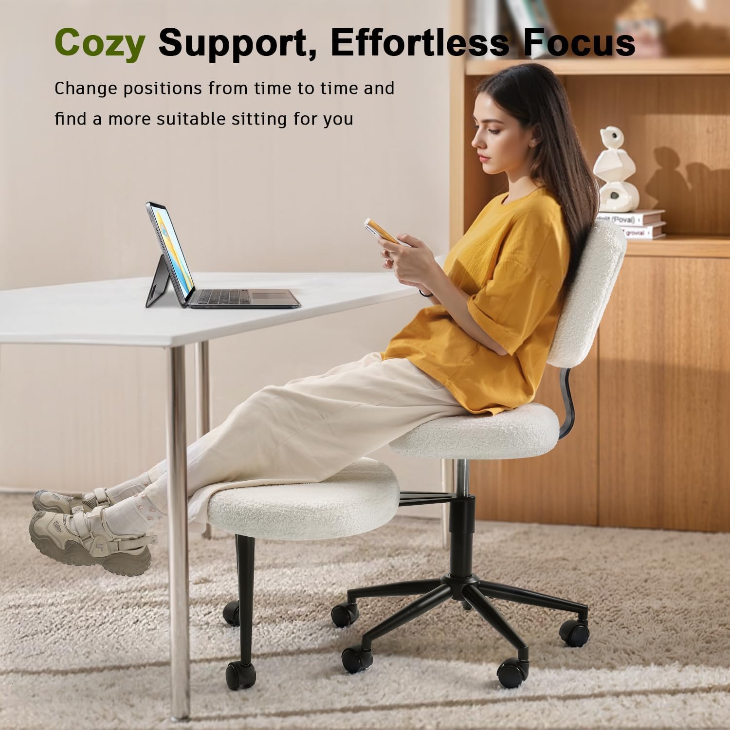 Waleaf Ergonomic Cross Legged Office Chair, ADHD Chair for Adults, Height Adjustable Meditation Chair with Wheels, Teddy Fabric Yoga Kneeling Chairs with Comfortable Back Support (White)