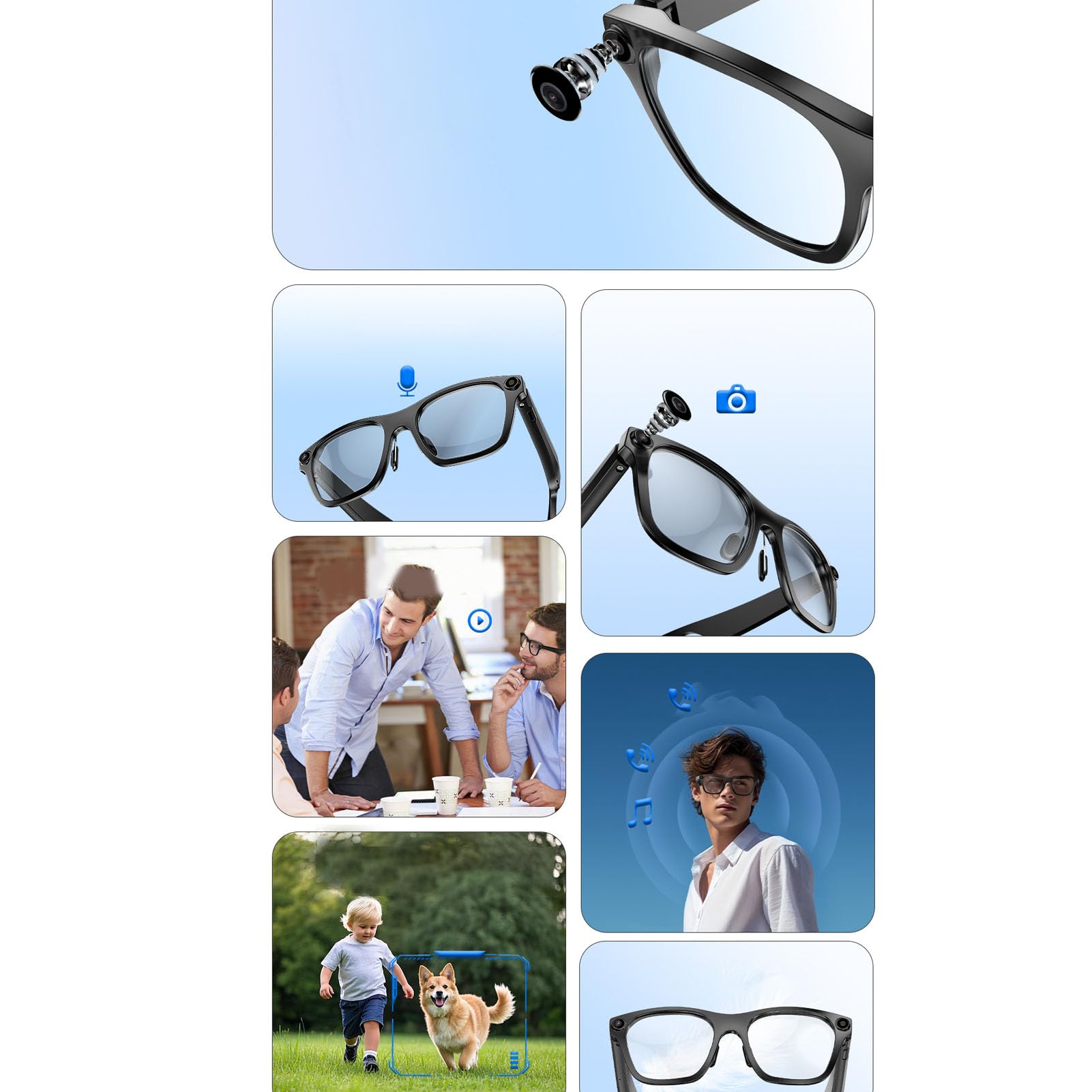 Sxhlseller AI Translation Lunettes Intelligentes avec Caméra et Bluetooth WiFi pour Hommes et Femmes, 20MP 1080p HD Lunettes D'enregistrement Vidéo Portables, Assistant Vocal, Léger pour
