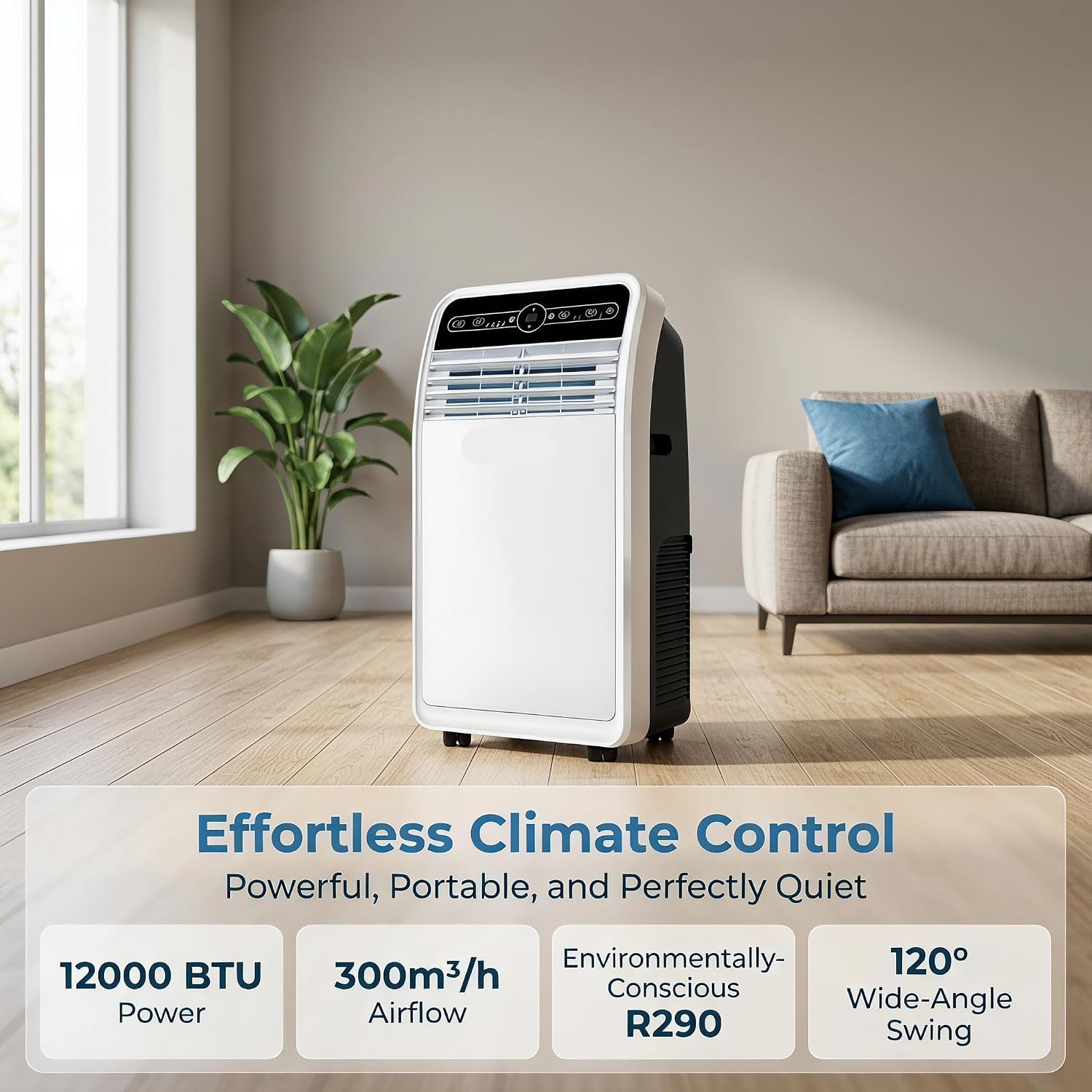 12000 BTU Tragbare Klimaanlage, R290 Eco Kältemittel, 4-reihiger Gold-Aluminium-Kondensator, Fernbedienung, 300 m³/h Luftstrom, 120° Weitwinkel, Universalräder