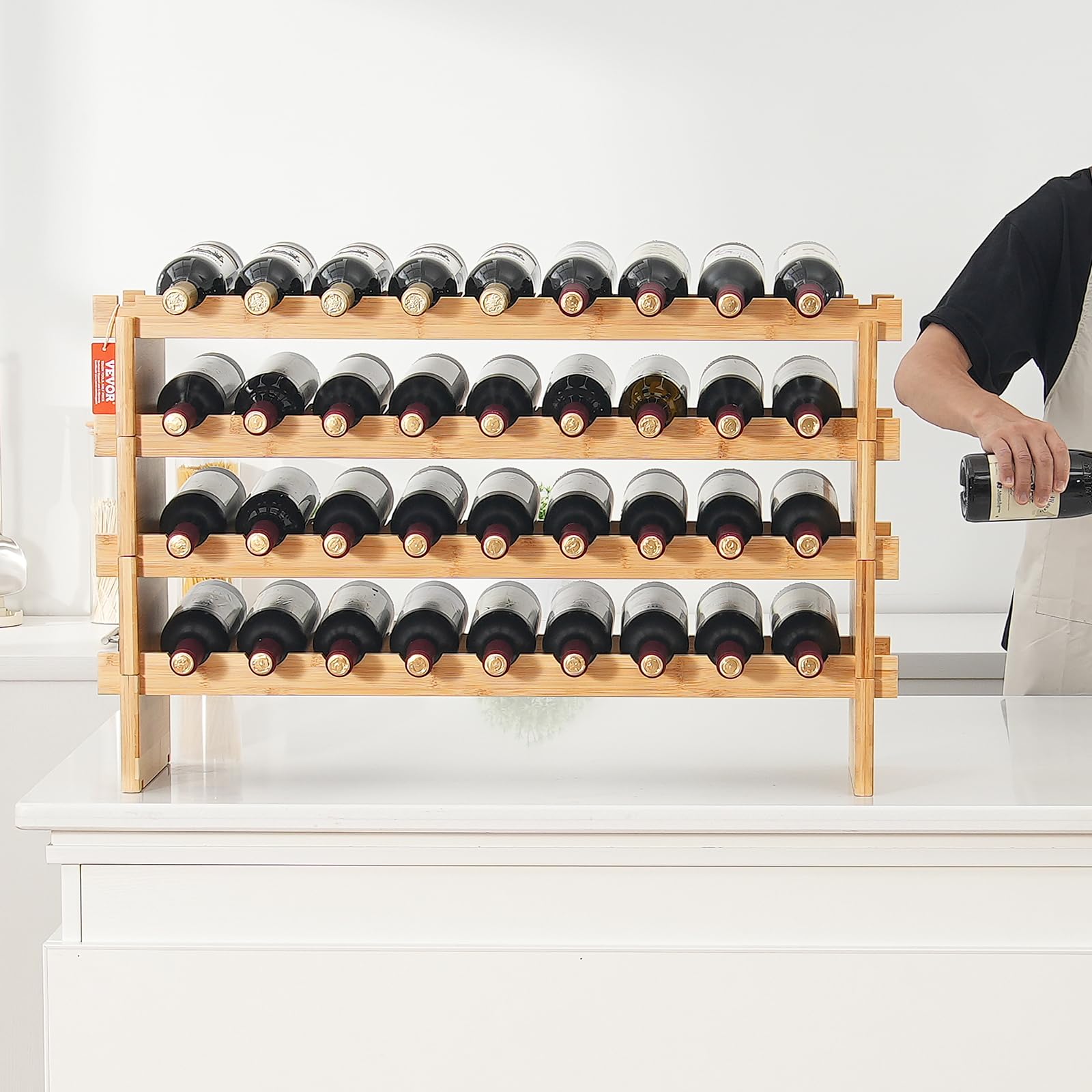 VEVOR Weinregal stapelbar 36 Flaschen, stabiles Flaschenregal, 4-stufiges Lagerregal aus massivem Bambusholz, freistehendes Weinregal, wackelfreie Regale für Küche, Bar und Keller (natürliche Farbe)