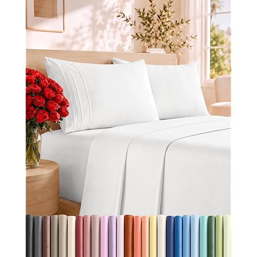 Queen Size 4 Piece Sheet Set - Comfy Breathable & Cooling Sheets - White