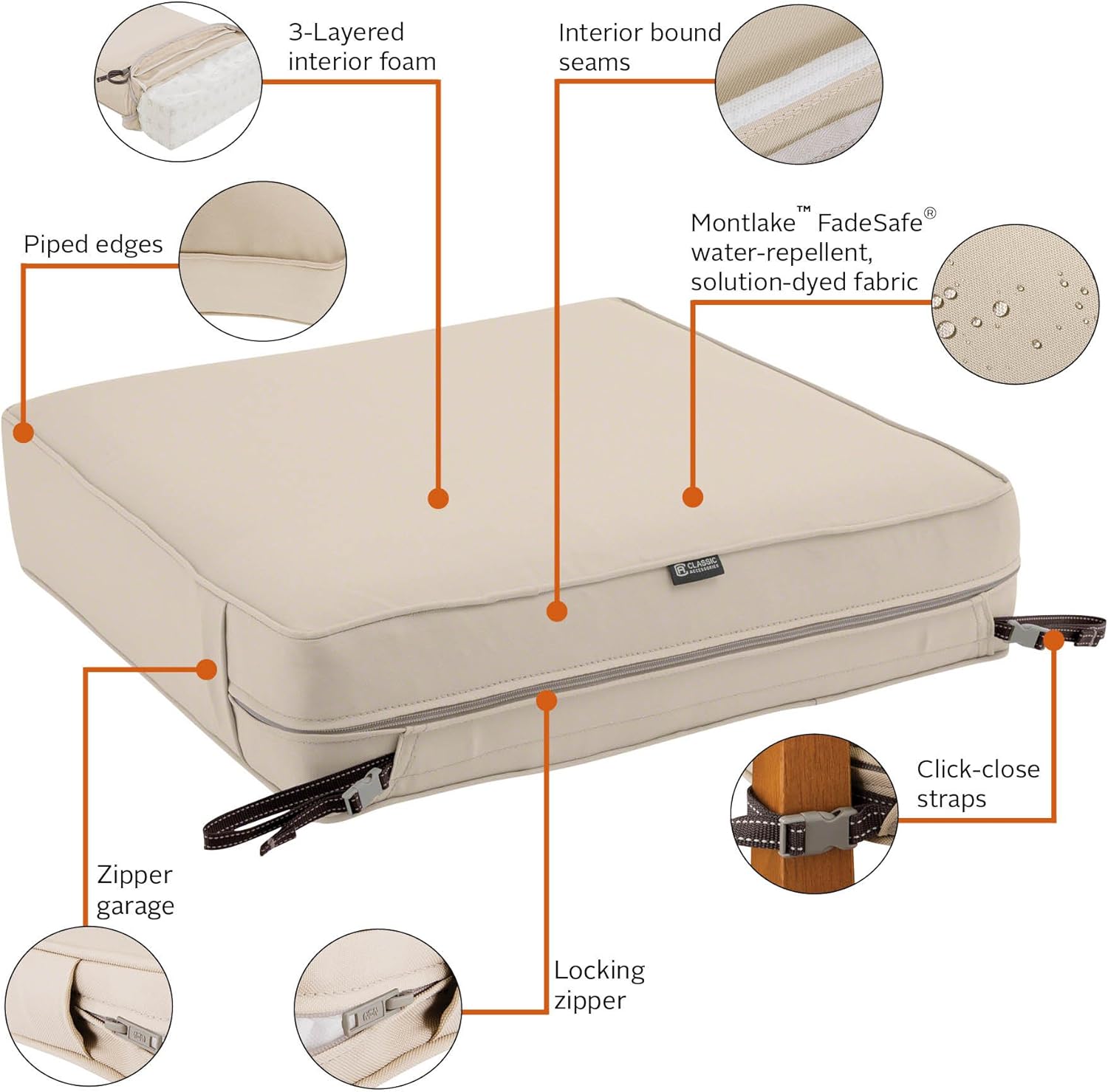 Classic Accessories Montlake Water-Resistant 23 x 25 x 5 Inch Rectangle Outdoor Seat Cushion, Patio Furniture Chair Cushion, Antique Beige, Patio Furniture Cushion Covers