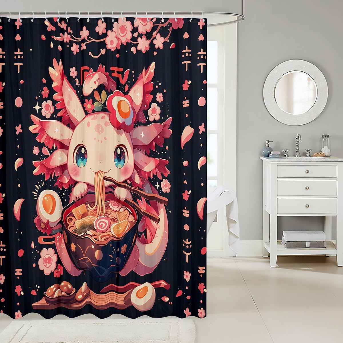 Erosebridal Kawaii Axolotl Shower Curtain Set,Japanese Ramen Noodle Bathroom Decor Ramen Gifts for Kids Boys Girls,Pink Cherry Blossom Bathroom Set Cute Animal Fabric Shower Curtain 72" Wx72 L image 2