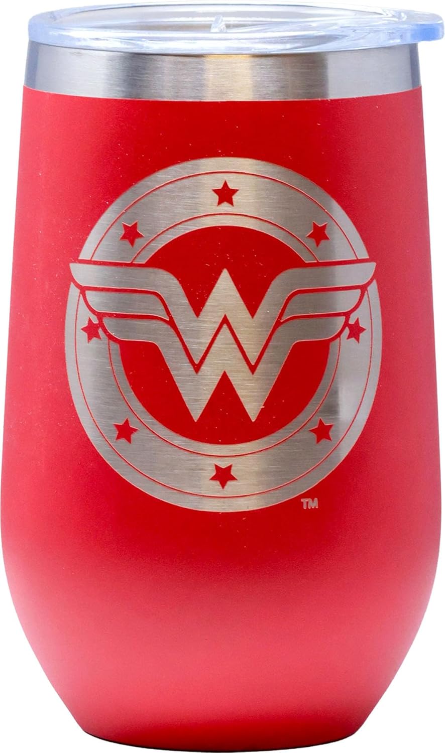 Spoontiques Wonder Woman Etched Stainless Steel Tumbler - Insulated Wine Tumbler with Lid - Double Wall Stainless Steel Stemless Wine Glass - 16oz - 5 5/8" Tall