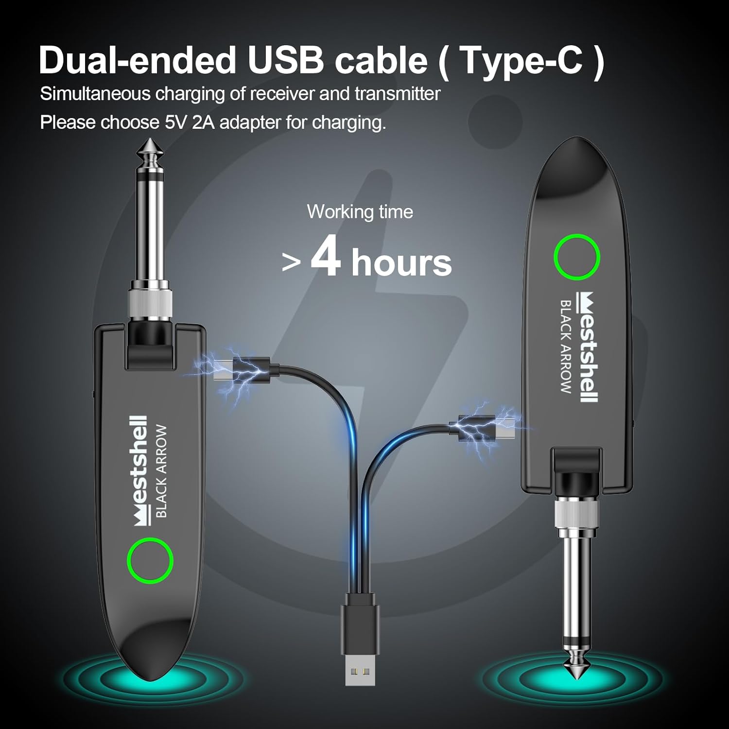 Wireless Guitar System, Digital Wireless System Wireless Guitar Transmitter Receiver Support Multi Channels Rechargeable Long Battery Life for Guitar Bass Electric Instruments (Dark Black)