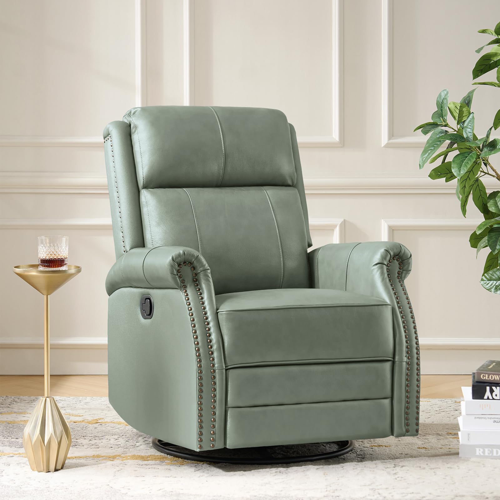 HULALA HOME Genuine Leather Swivel Rocker Recliner with Adjustable Backrest & Footrest, Manual Glider Recliner Chair with 360°Swivel Base, Home