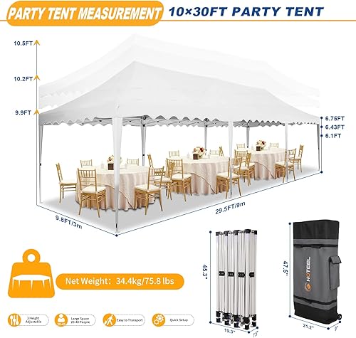 Miniatura 7 de HOTEEL Tienda de campaña con toldo de 10 x 30 pies con 8 paredes laterales, toldo desplegable portátil impermeable para exteriores, fácil