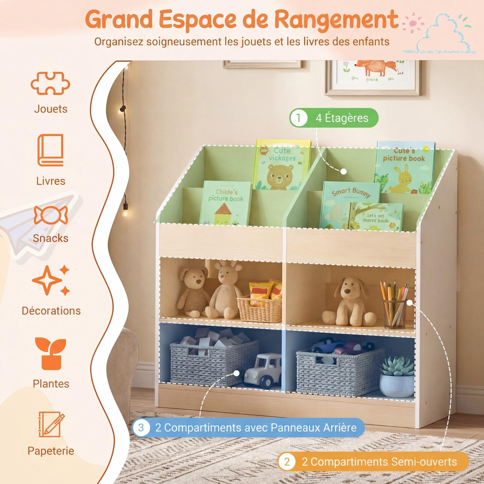 COSTWAY Bibliothèque Enfant en Bois avec 4 Cubes et 4 Compartiments Ouvertes, Étagère à Livres Enfant avec Kit Anti-basculement, Organiseur de Jouets pour Salle de Jeux Crèche