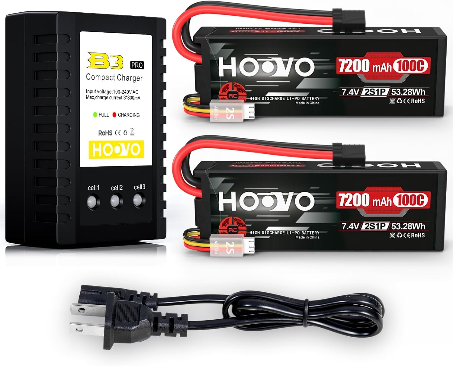 HOOVO 2S Lipo Battery 7.4V 7200mAh 100C RC Lipo Battery Pack Hard Case with TR Plug Lipo Battery Charger, 2S-3S Balance Charger