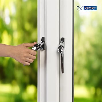 XFORT Cranked Locking Window Handle Installation Kit in Polished Chrome, Right Hand UPVC Window Handle Replacement, Offset Lockable Window Lever