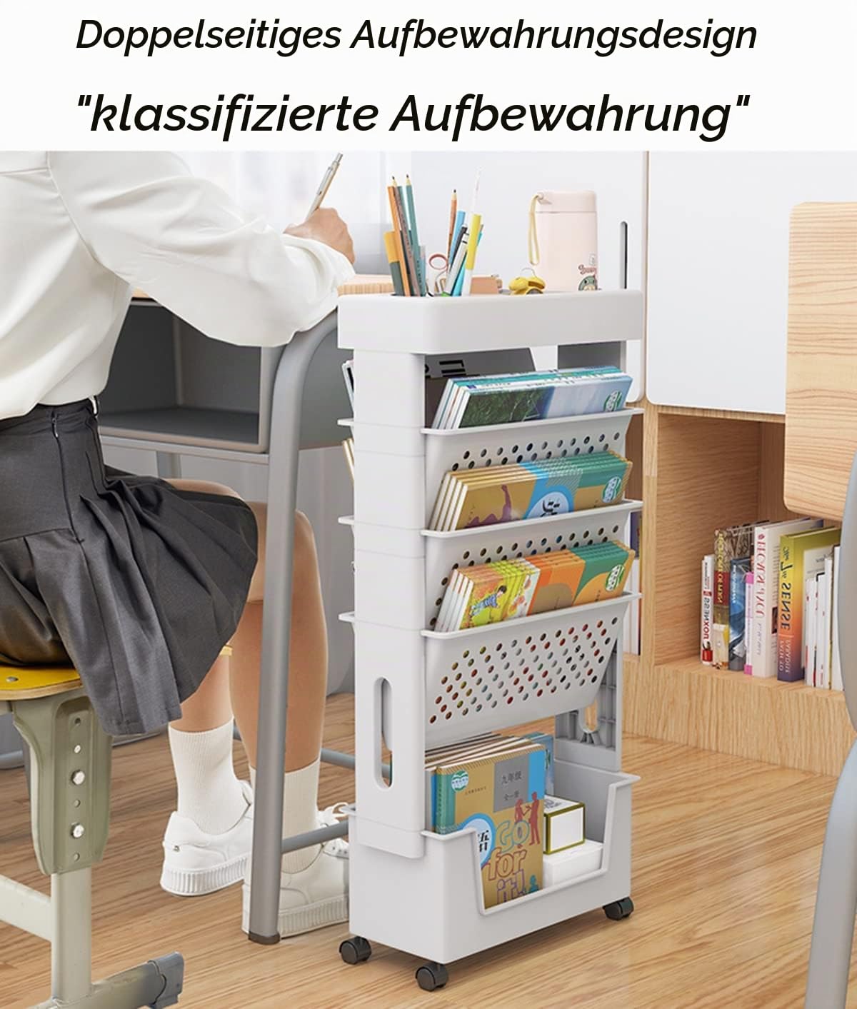 Mobiles Schreibtischregal für Klassenzimmer, kompakter Schreibtisch-Aufbewahrungs-Organizer mit Rollen, dünner Aufbewahrungswagen für Bücher, Mehrzweckwagen für Schlafzimmer, Bibliothek