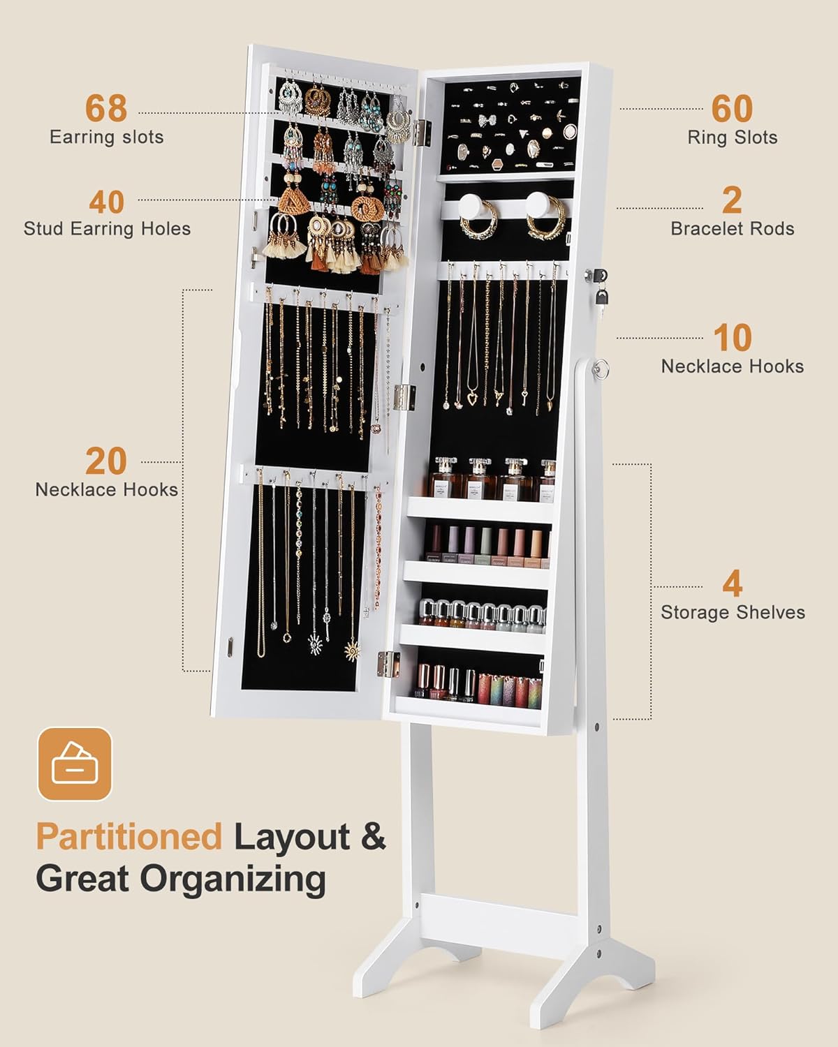 Nicetree Jewelry Cabinet Armoire, Freestanding Jewelry Armoire Organizer with Full-Length Mirror, Lockable Jewelry Storage Cabinet, Frameless Mirror, 3 Adjustable Angles, Moon White