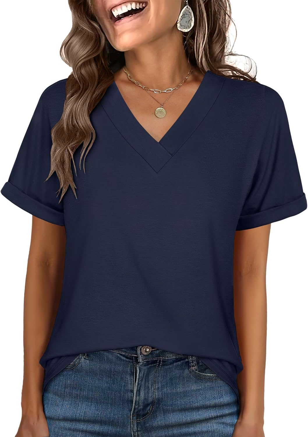 ANRABESS Womens T Shirts Short Sleeve V Neck Shirts Summer Loose Fit Dressy Tops Business Casual Blouses 2025 Basic Tees