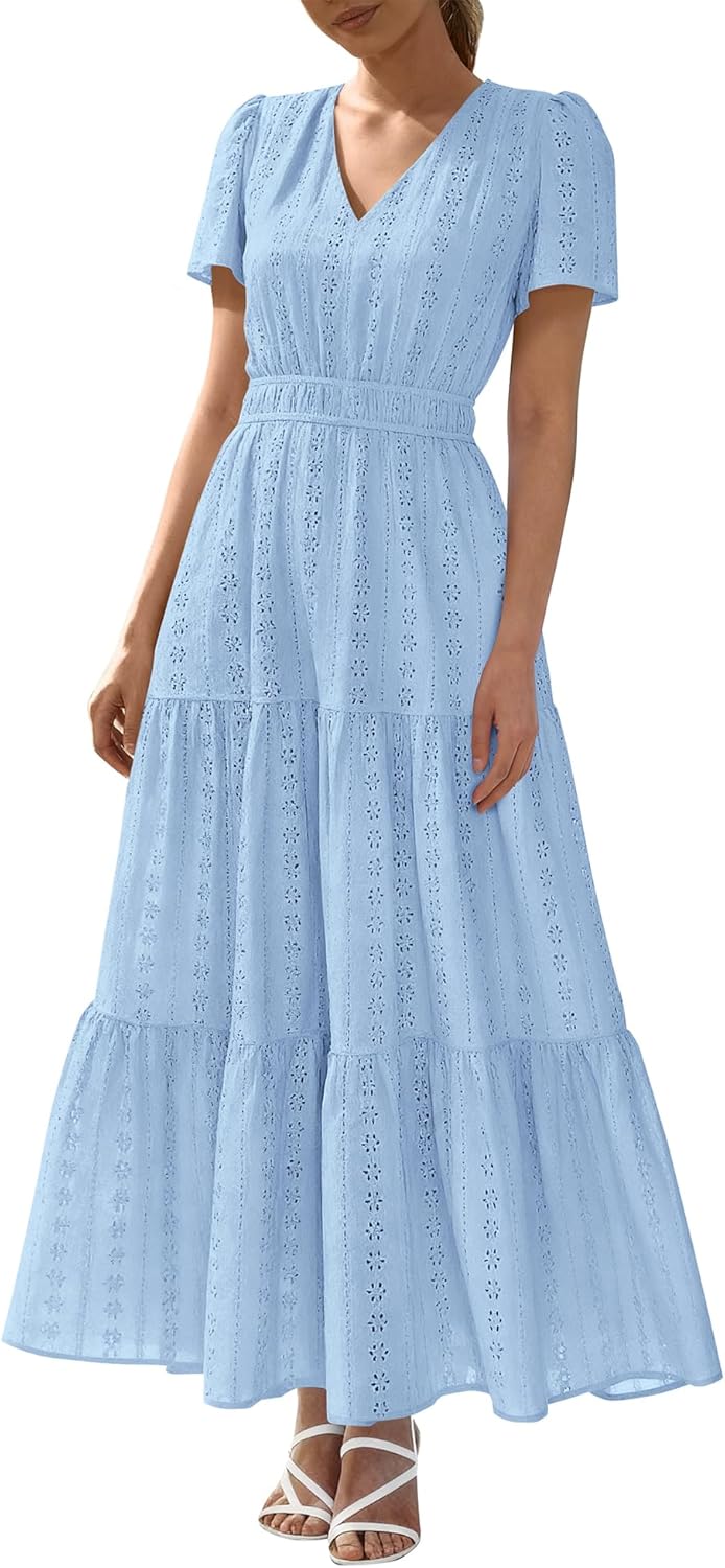 BTFBM Womens Summer Dresses 2026 V Neck Hollow Out Eyelet A Line Flowy Boho Beach Vacation Wedding Guest Maxi Dress