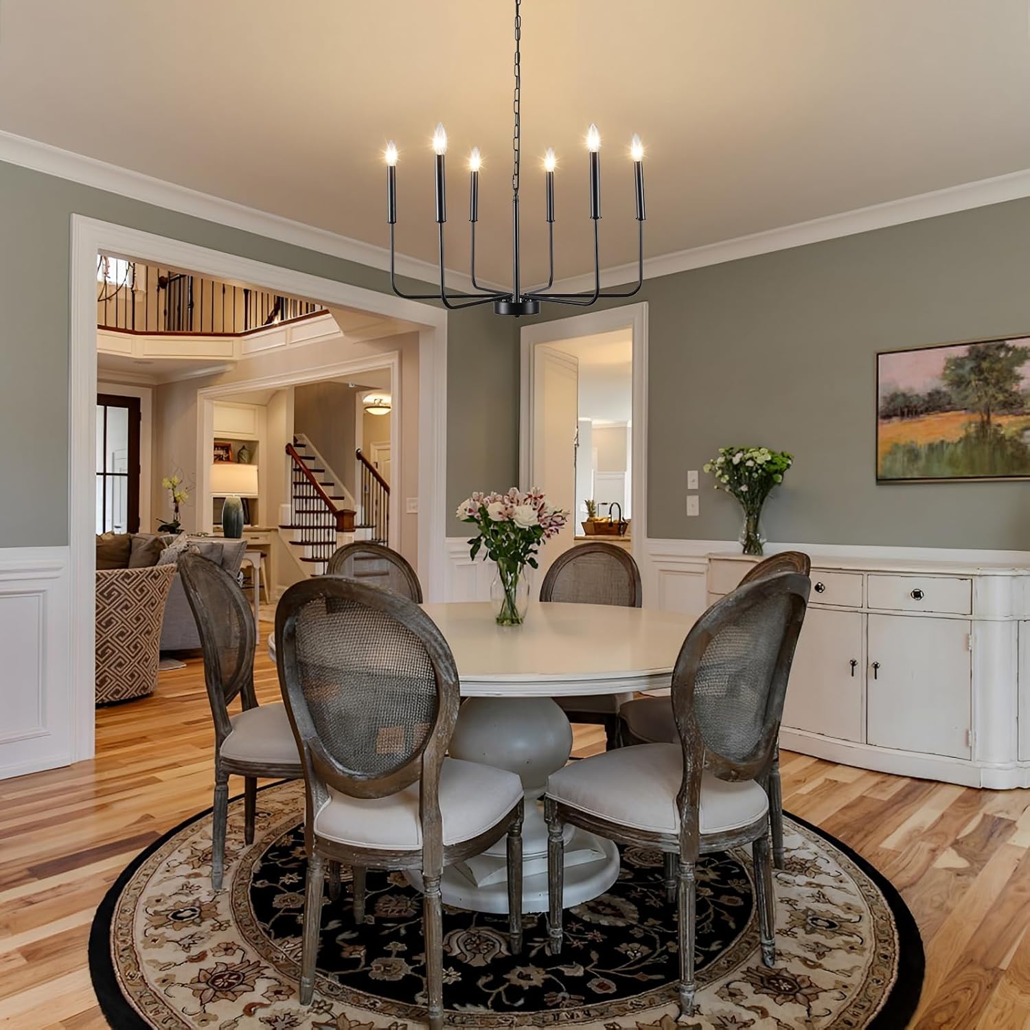 Plug in Chandelier Lighting with Long Cord Black 6 Light Modern Farmhouse Hanging Lights with Plug in Cord 17.06ft & Switch Candle Plug in Pendant Light Fixture for Dining Room Entryway Living Room