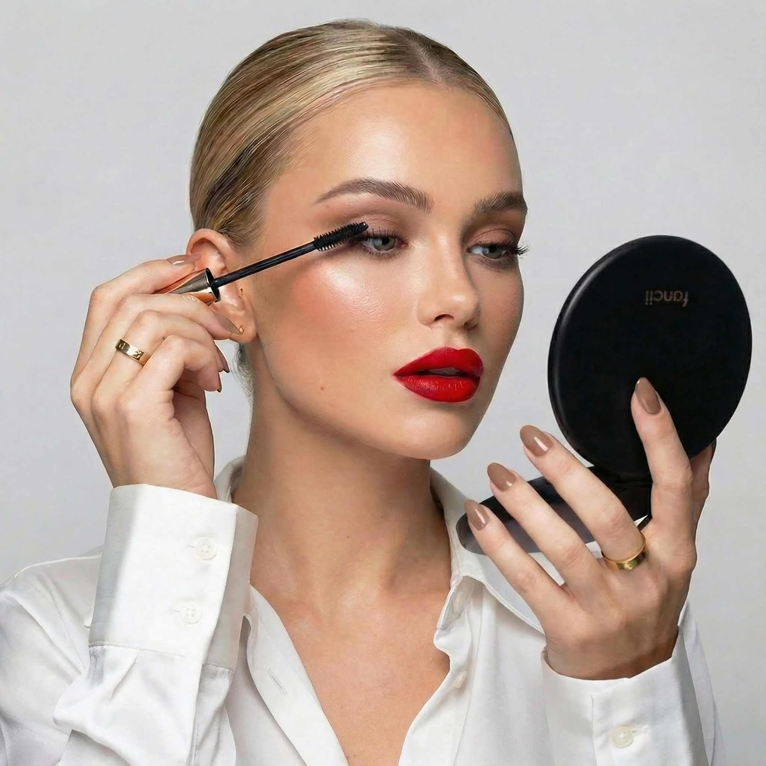 Fancii Taylor LED Lighted Travel Makeup Mirror, Rechargeable with 10x/1x Magnifying & 3 Light Settings - Compact, Portable, Large 5” Wide Hand Mirror for Handbag and Purses (Black) - Image 2