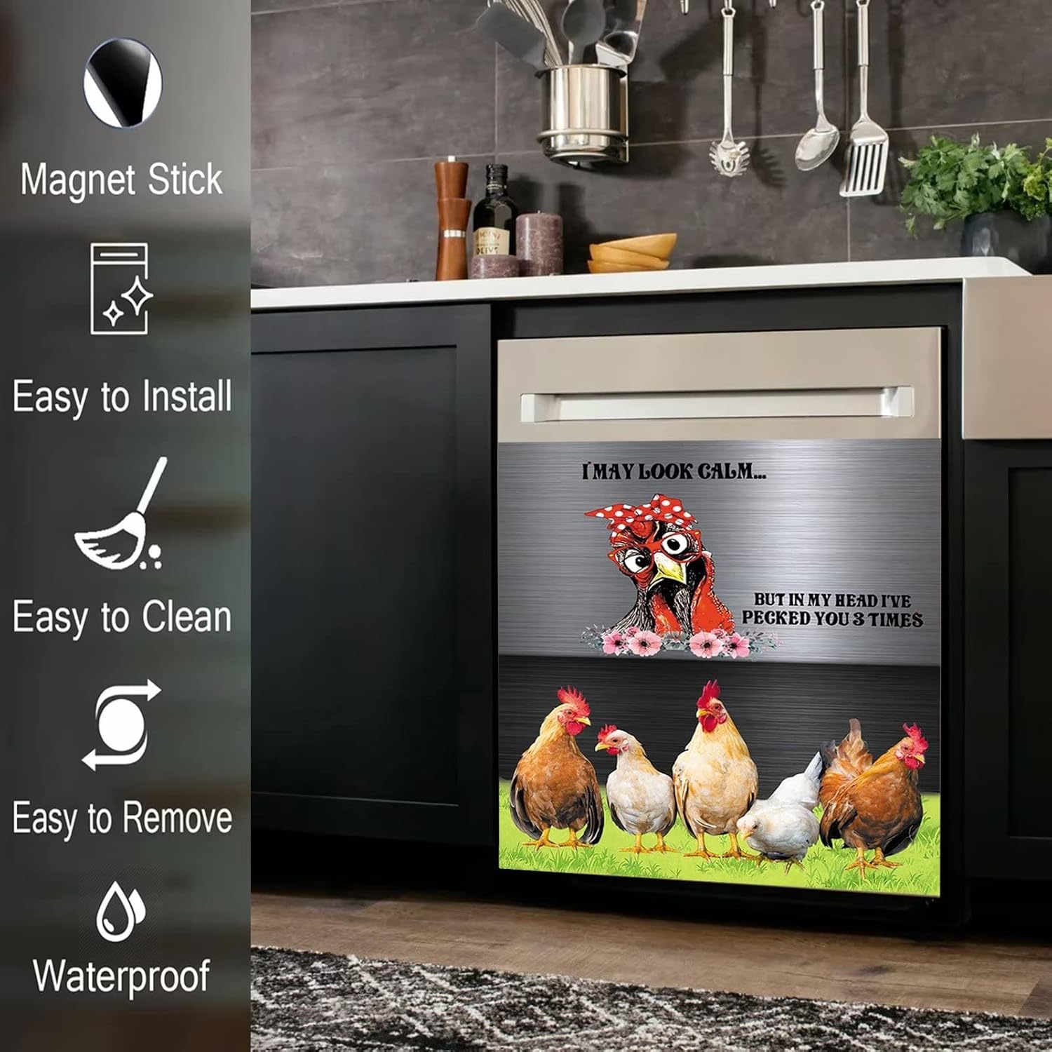 Chicken Dishwasher Magnetic Decoration Farmhouse Magnet Cover - I May Look Clam But In My Head I've Pecked You 3 Times,Rooster Dishwasher Covers for The Front Door,Farm Funny Sticker 23"x26"