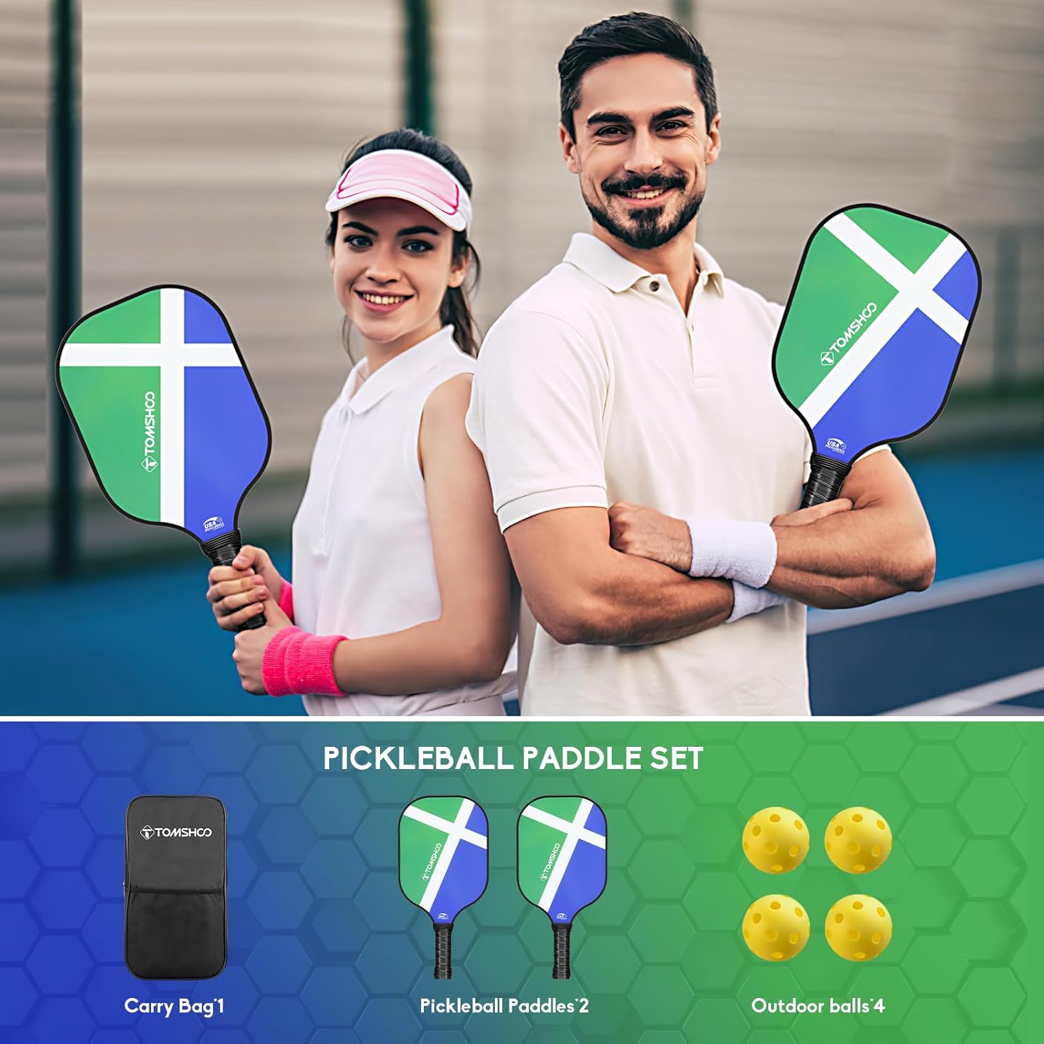 TOMSHOO Pickleball Paddles Set, USAPA Approved Lightweight Fiberglass Pickleball Set with 4 Pickleballs, 1 Pickleball Sling Bag, Pickleball Gifts for Women Men Beginners Professional