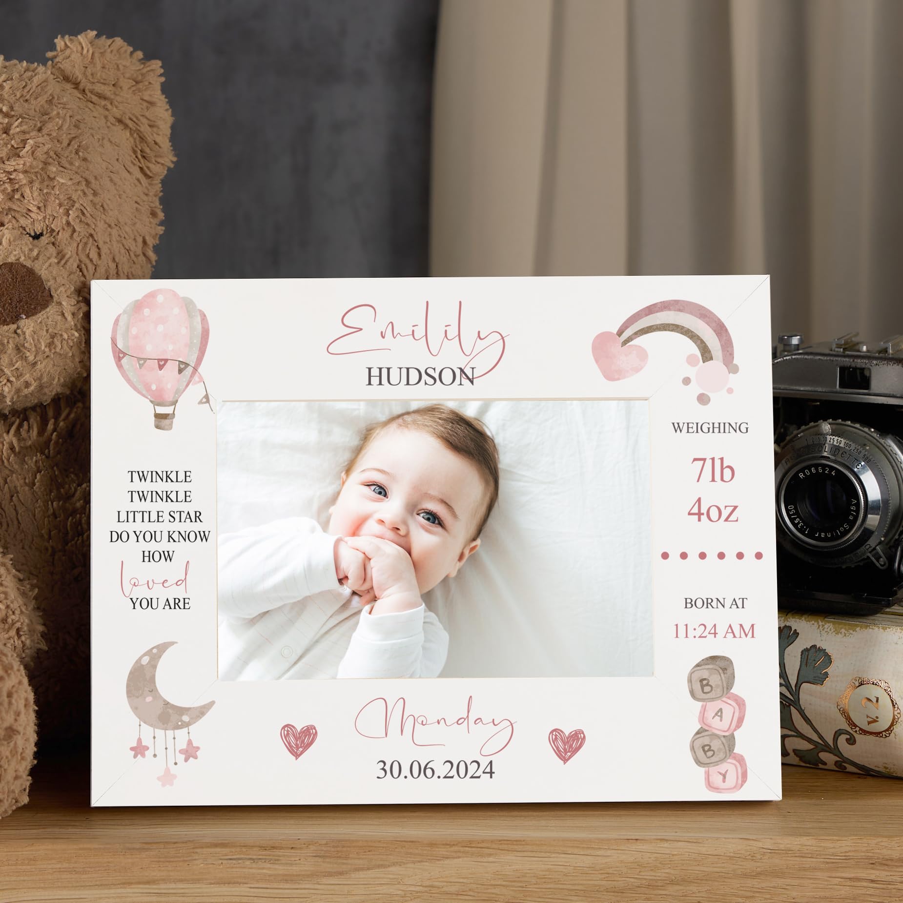 Personalised Baby Girl Photo Frame with Birth Details, White, Watercolour Design, 6x4 Inch, Wall Mount or Tabletop Display