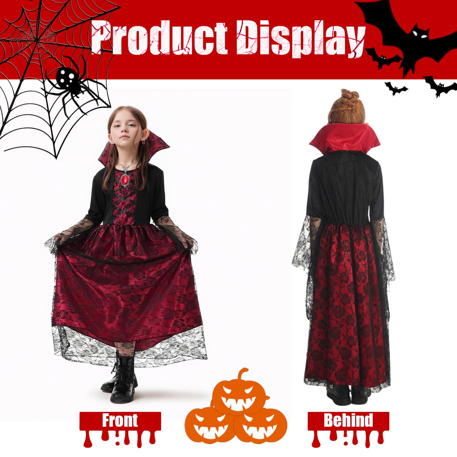 Moerstar Kids Vampire Costume Halloween Girls Vampire Princess Costume Set including Necklace Earrings for Halloween Fancy Dress Cosplay Costume (M) - Image 3