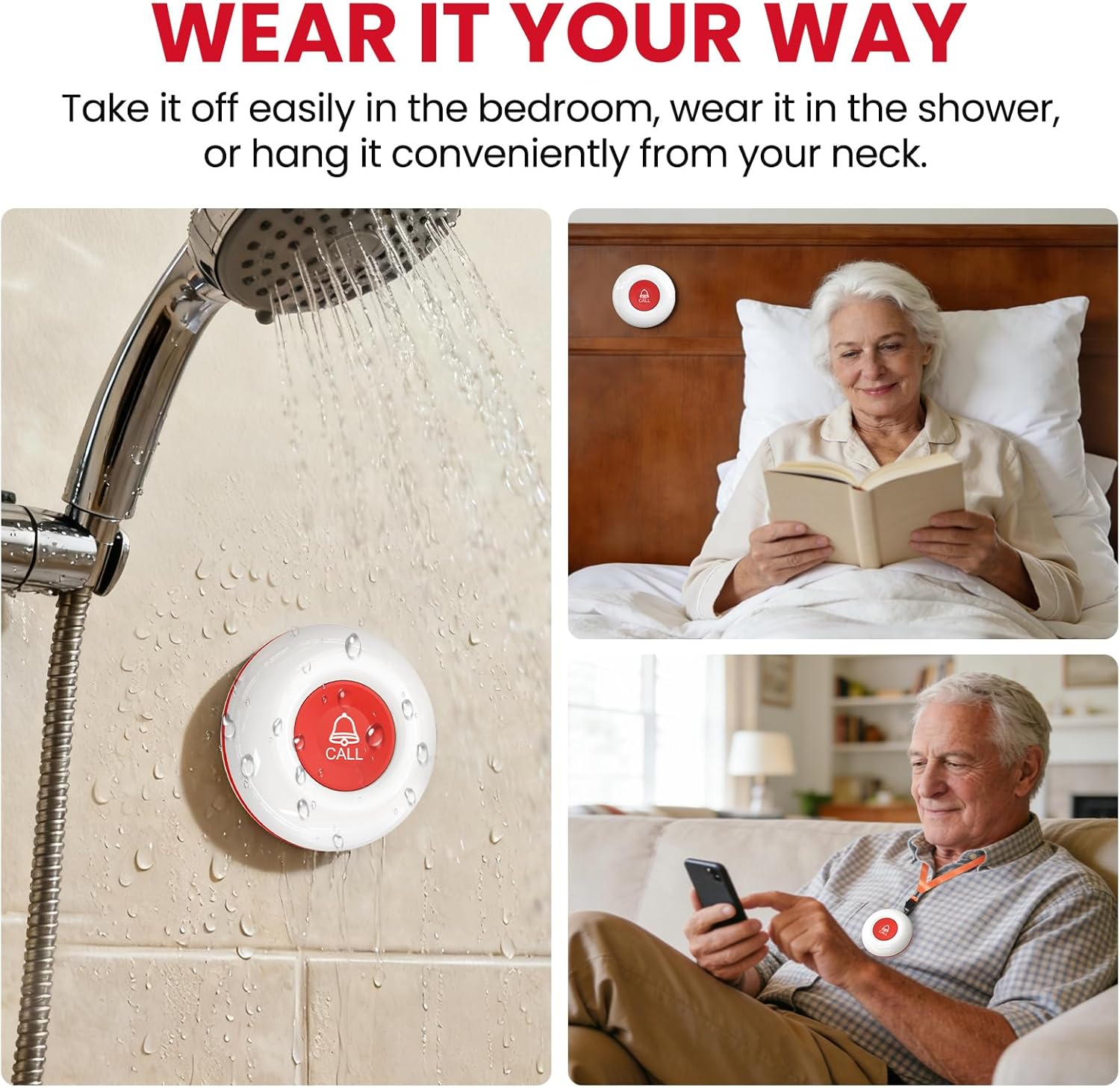 CallToU Wireless Caregiver Pager Waterproof Call Button Vibration Call Button for Elderly at Home Disabled Patient Elderly Monitoring Nurse Calling 2 SOS Call Buttons/Transmitters 500FT 2 Receivers - Image 6