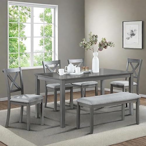 Juego de mesa de comedor de 6 piezas para 4-6 personas, juego de cocina con 4 sillas tapizadas y un banco, sillas de sala de estar con respaldo en