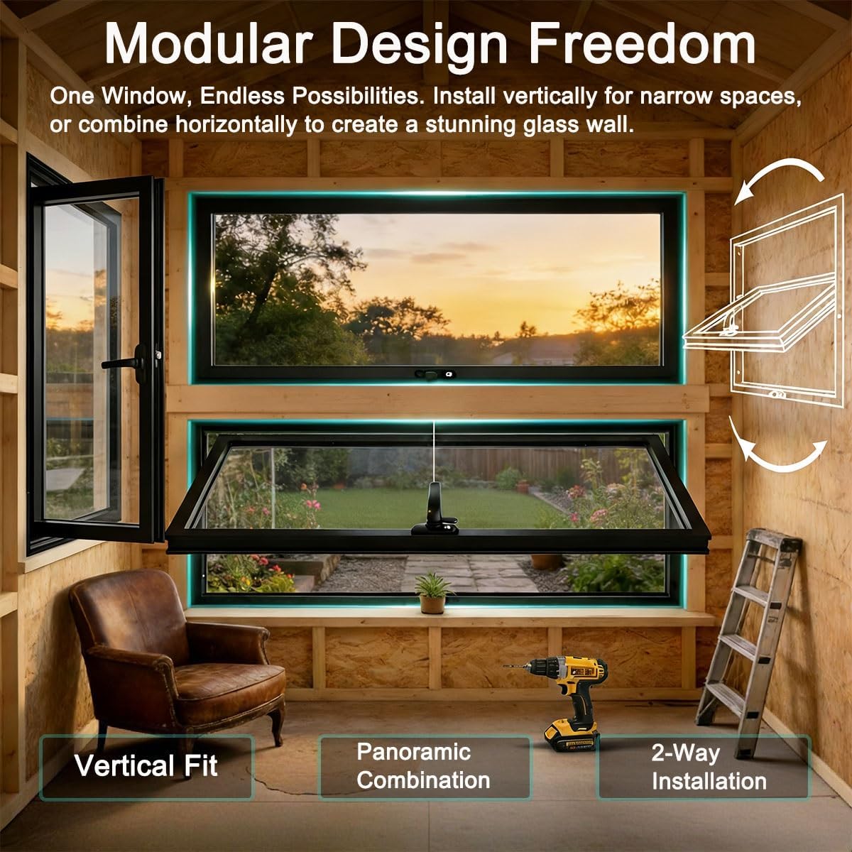 Aluminum Shed Windows with Clear Tempered Glass, 360° Rotating Window for Outdoor Barn, Garage, Sunroom, Office, Flush Mount Replacement with Adjustable Ventilation(White,29x20inch (WxH))