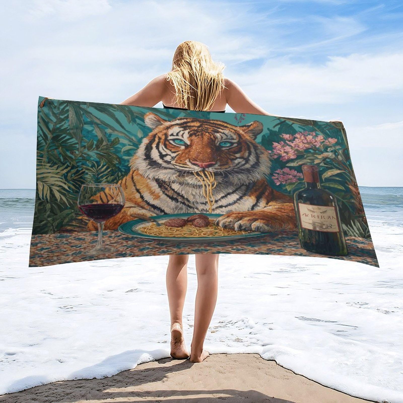 Luyysky Rustic Abstract Animal Tiger Quick-Drying Beach Towel, Beautiful Realistic Tropical Plant Flowers Palm Leaves Italian Food Travel Vacation Single Sided Pile Bathroom Towels-80"W Cm X 160"L Cm