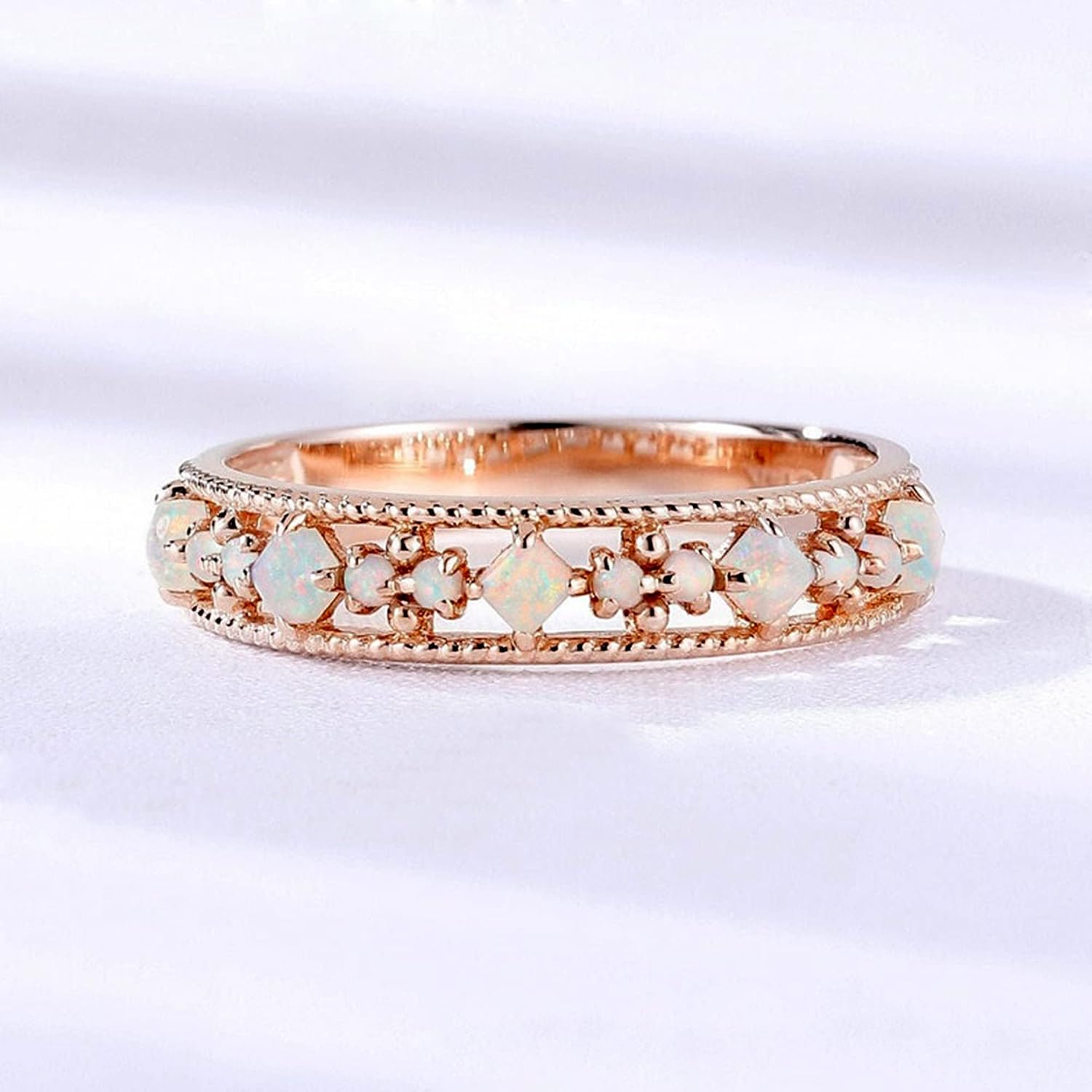 Kardy Opal Engagement Rings,Wedding Band for Women,Solid 10K/14K/18K Rose Gold 925 Silver Princess Cut Half Eternity Ring with Certificate