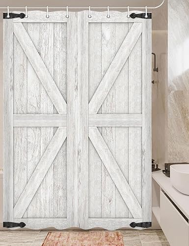 Vista 101 de Cortina de ducha rústica de madera estilo granero, 60 x 70 pulgadas, color beige